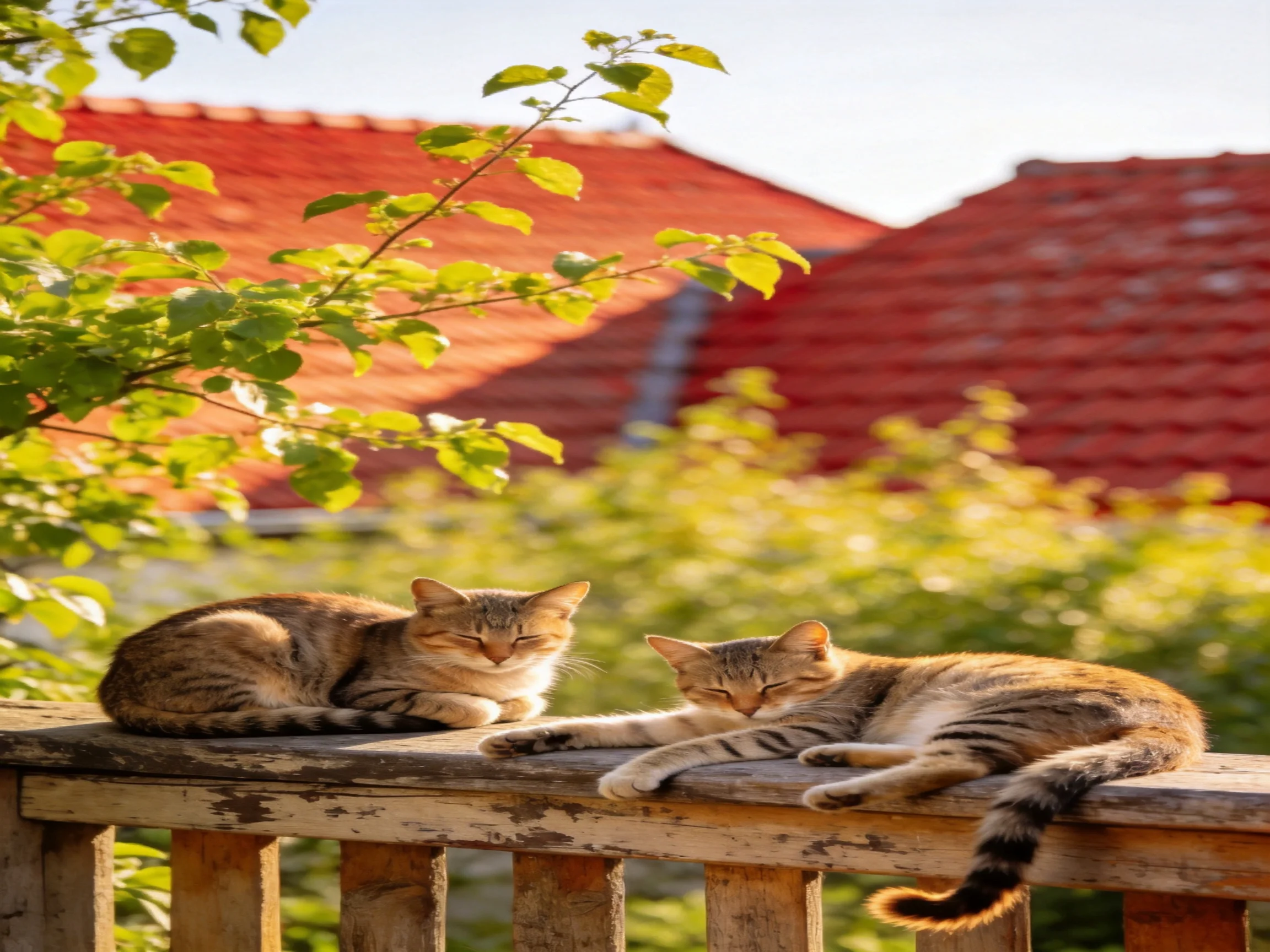 Two tabby cats rest on a weathered wooden railing near red rooftops