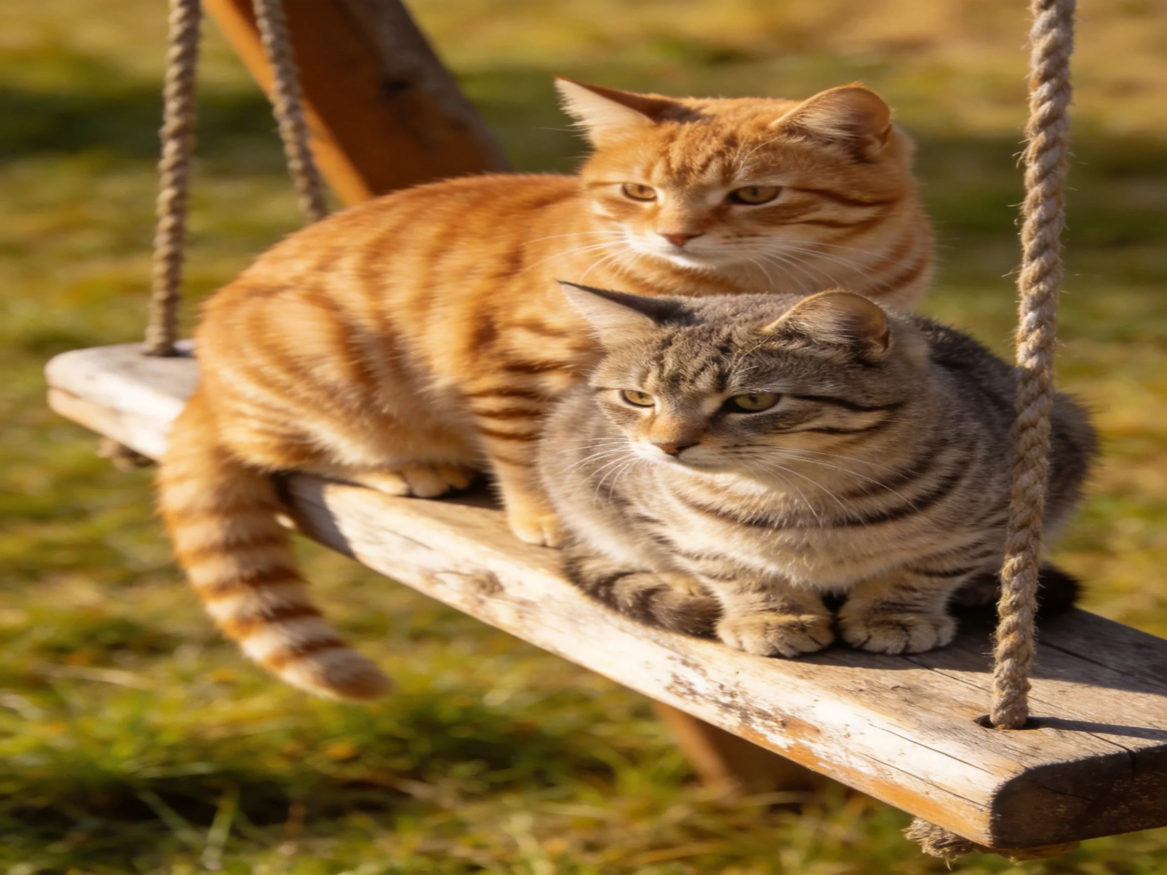Two tabby cats sit on a wooden swing in a sunlit outdoor area.