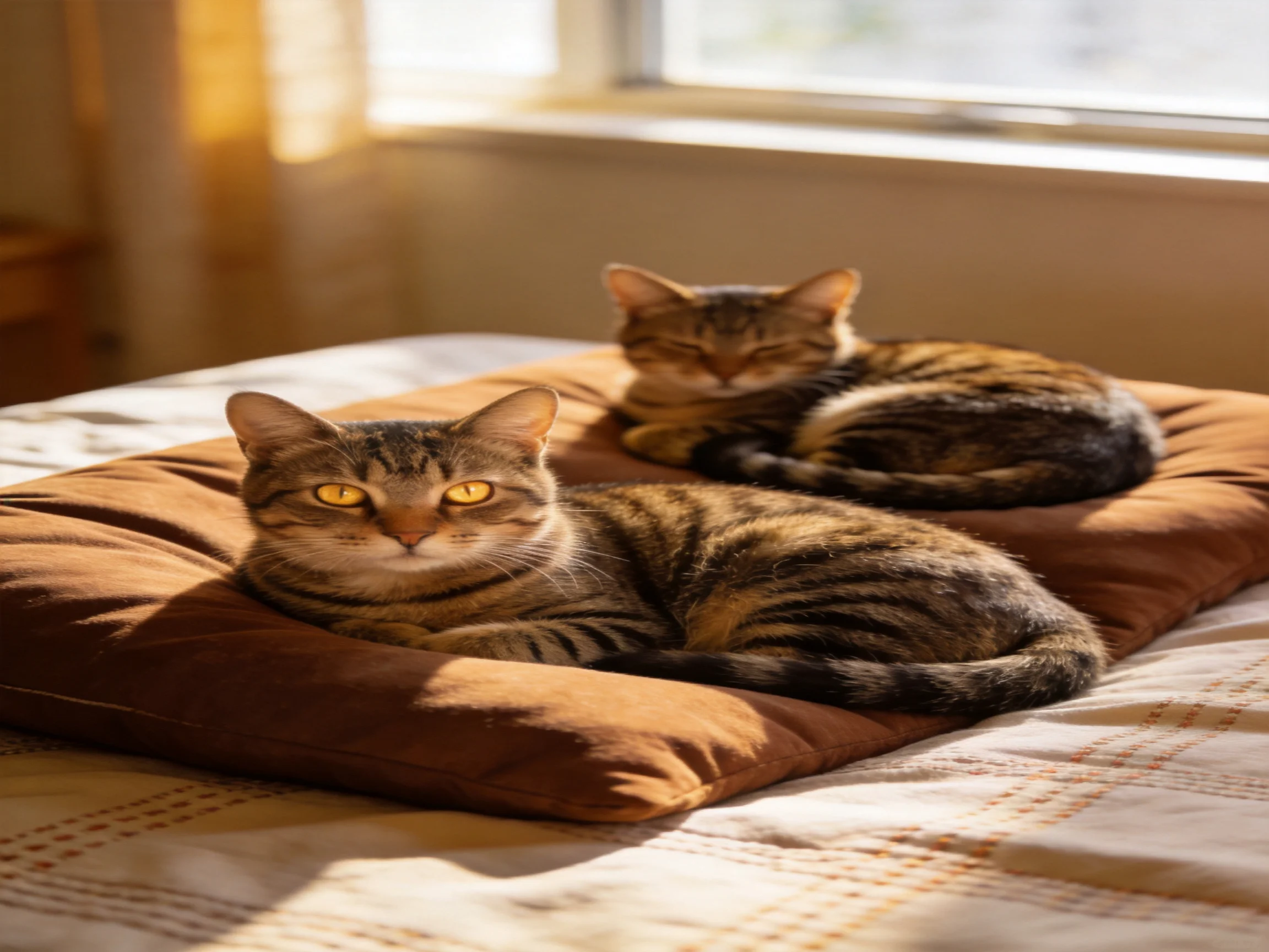 Two tabby cats rest on brown cushions by a sunlit window