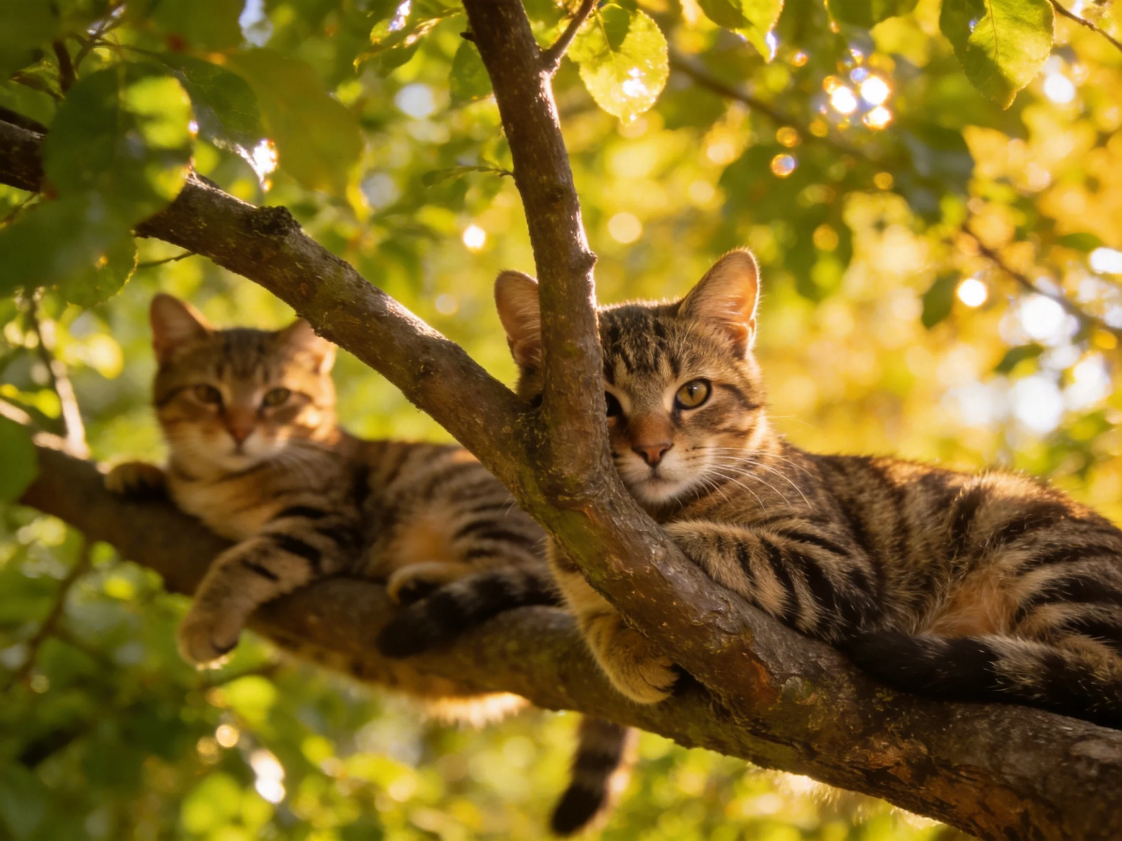 Two tabby cats rest on sun-dappled tree branches