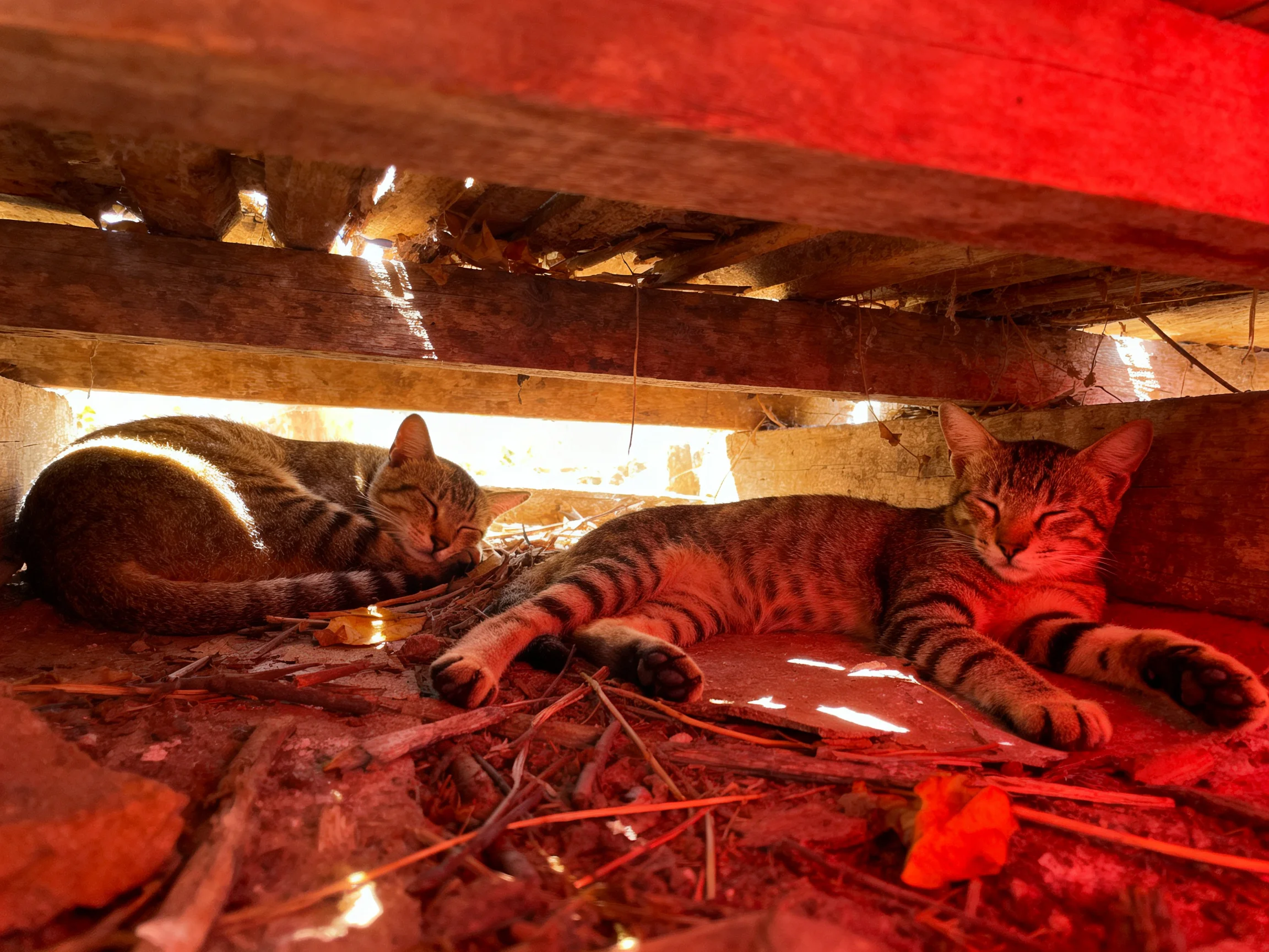 Two tabby cats relax peacefully under a wooden structure lit by red light.