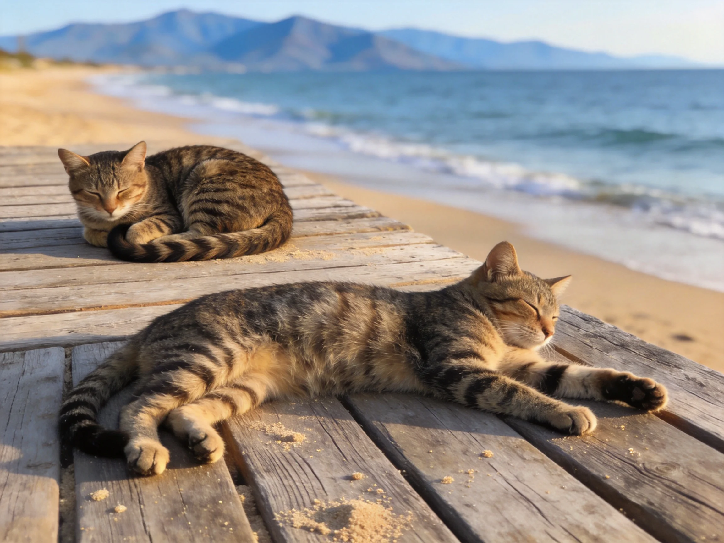 Two tabby cats relax on a weathered wooden boardwalk near the beach shoreline.
