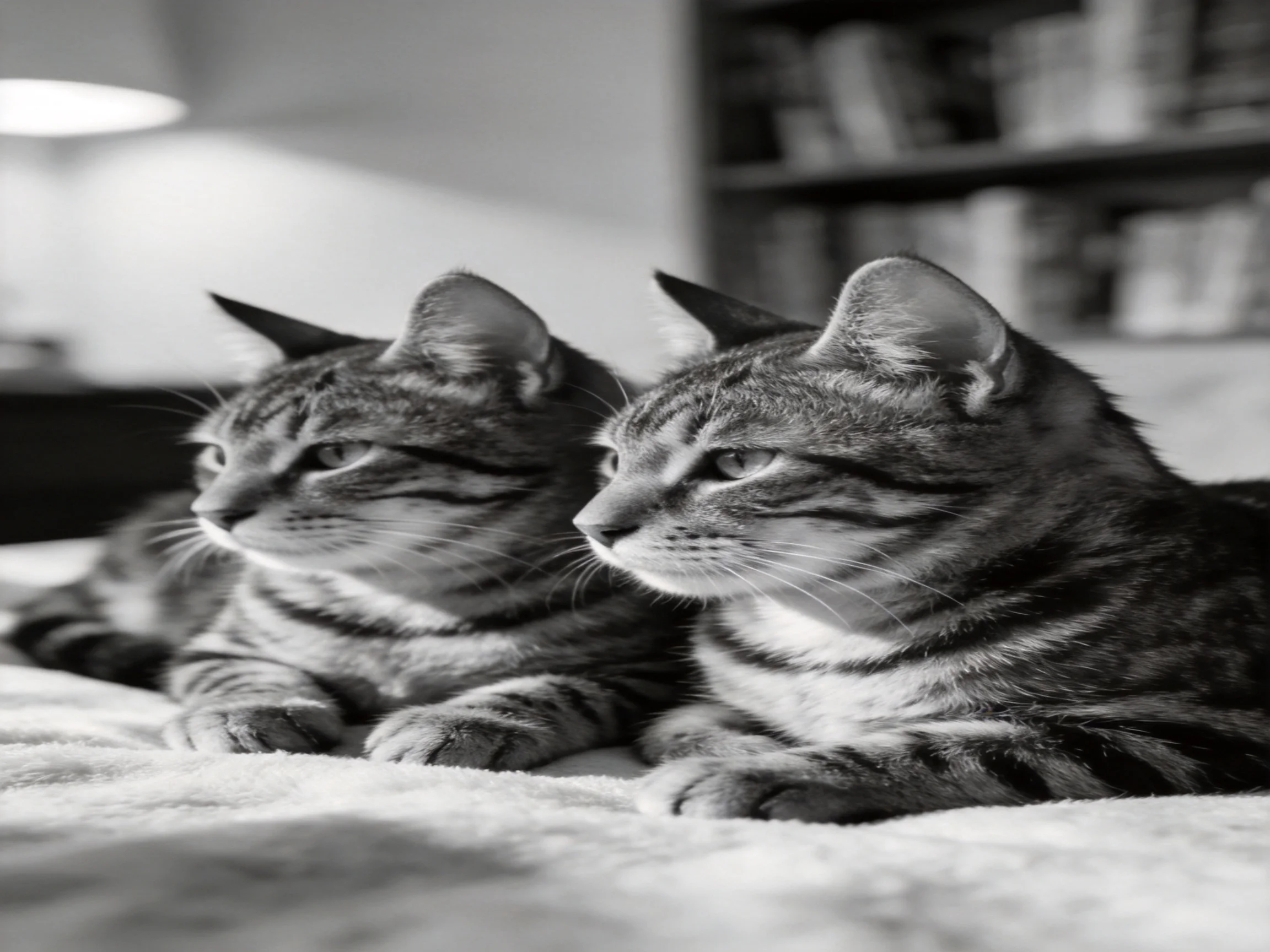 Two tabby cats lie side by side on a soft surface in a cozy room.
