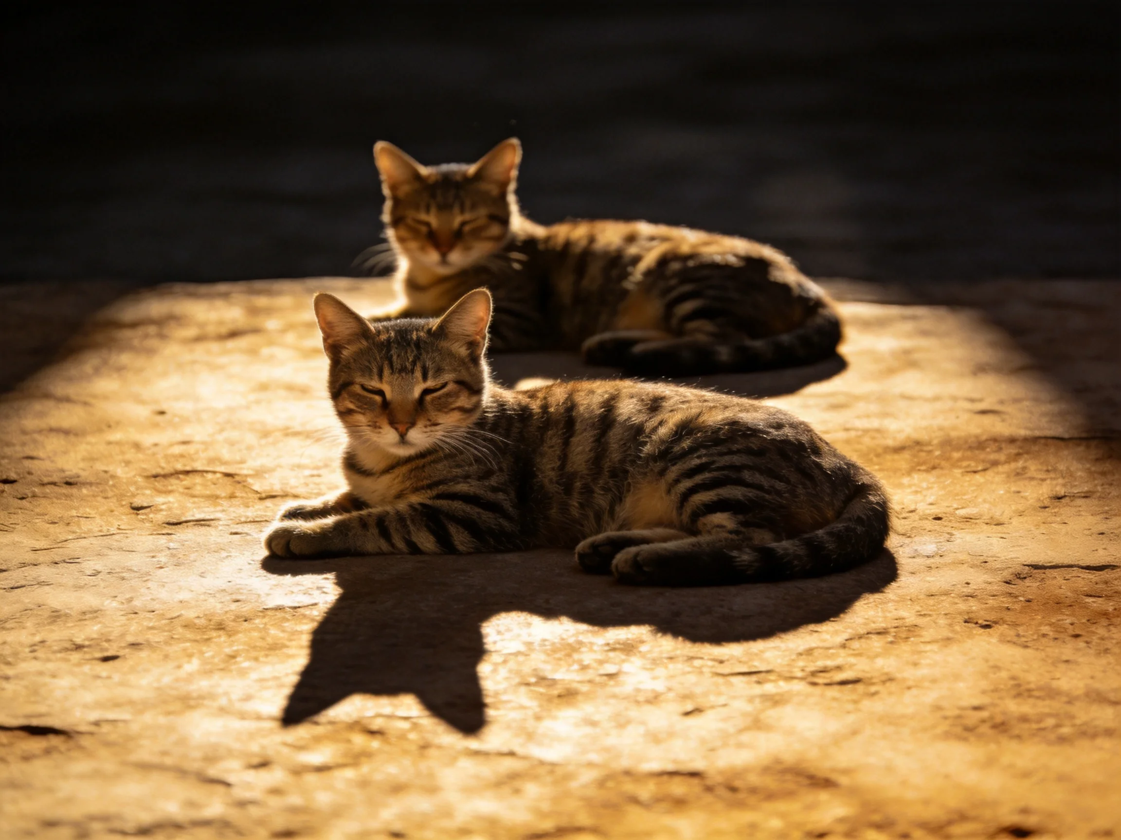 Two tabby cats relax on a sunlit stone surface.