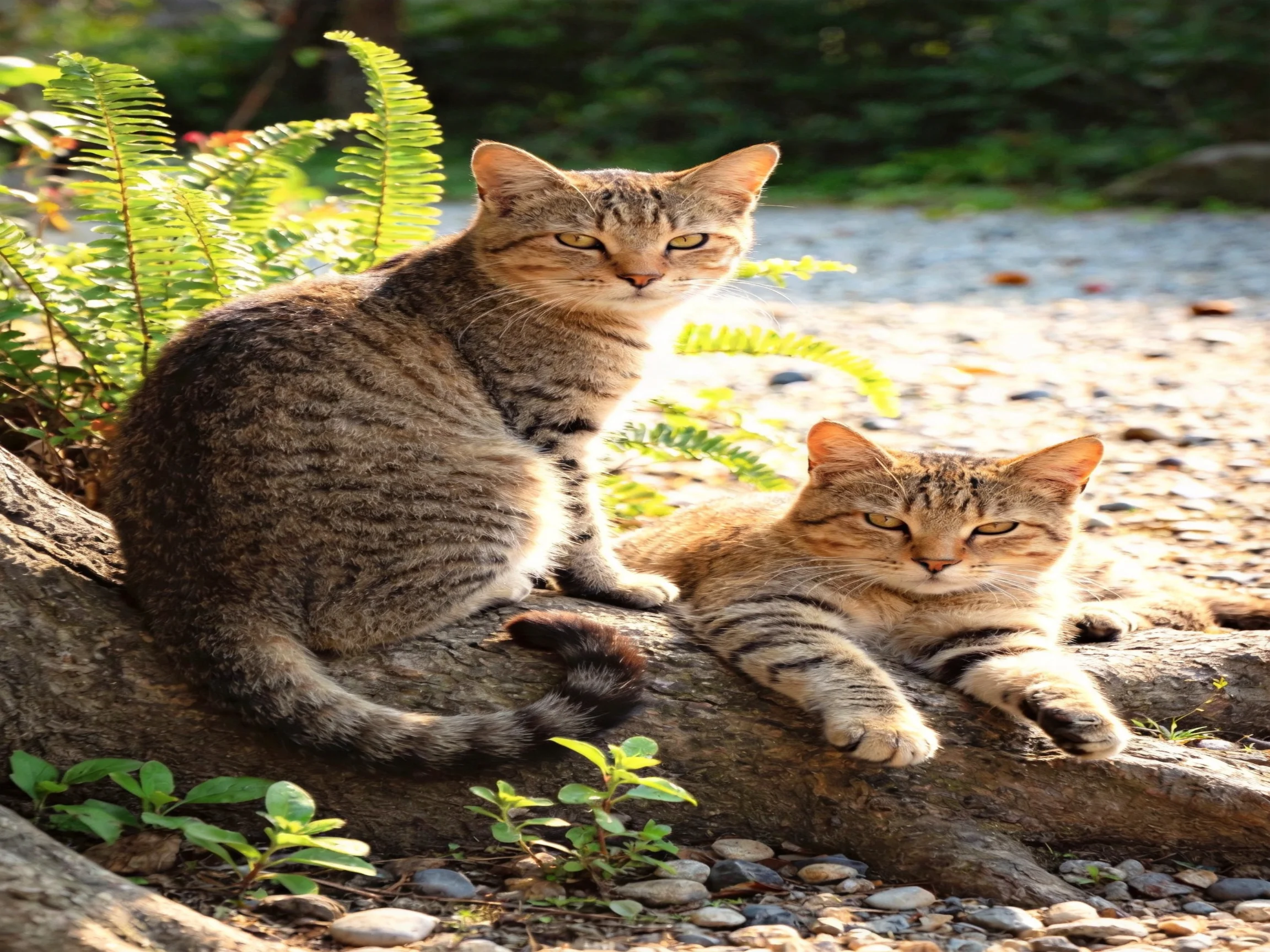 Two tabby cats relax on a tree root in a sunlit outdoor area.