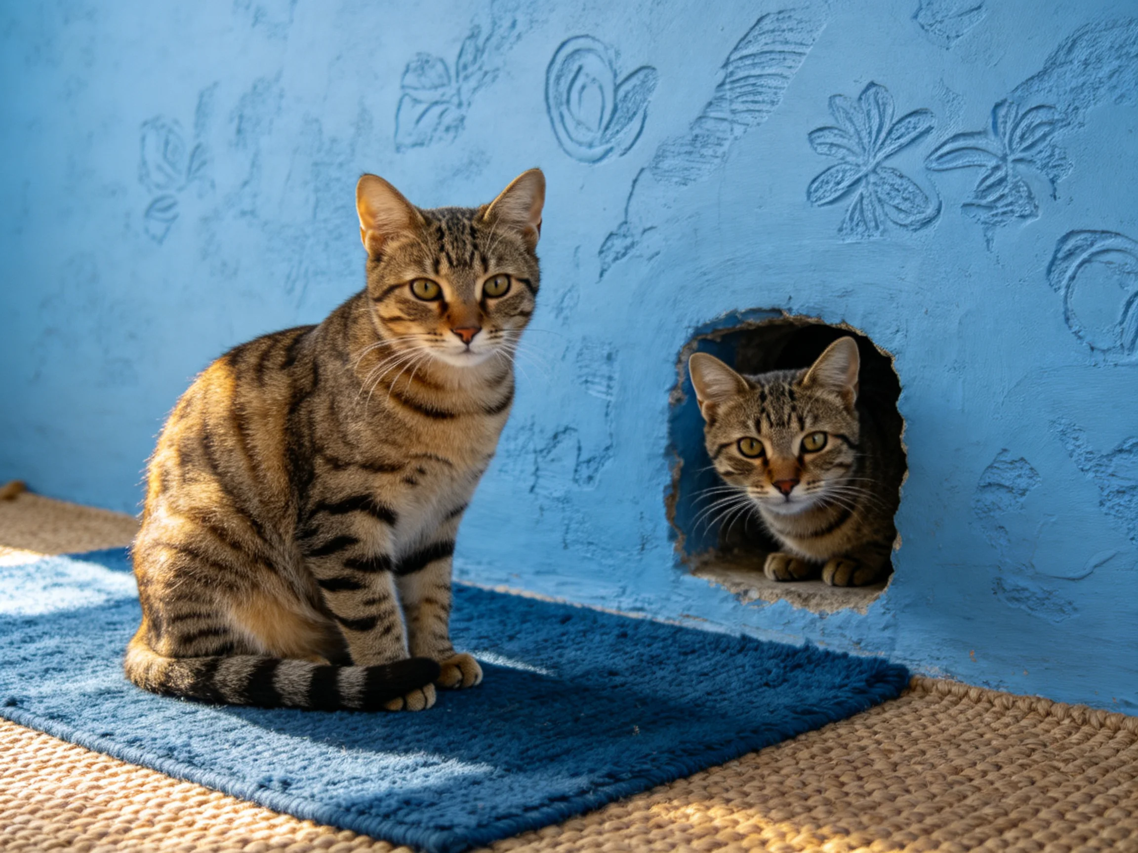 Two tabby cats sit by a blue wall with embossed designs