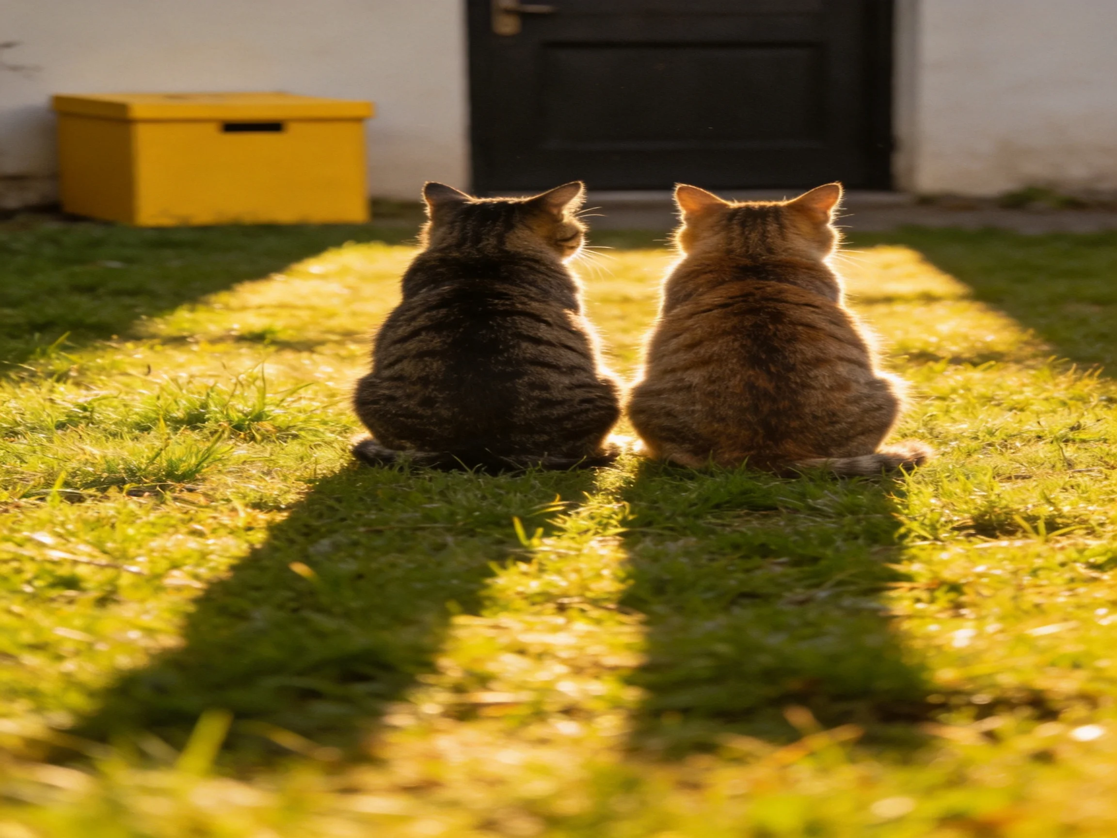 Two tabby cats sit side by side on sunlit grass near a dark door