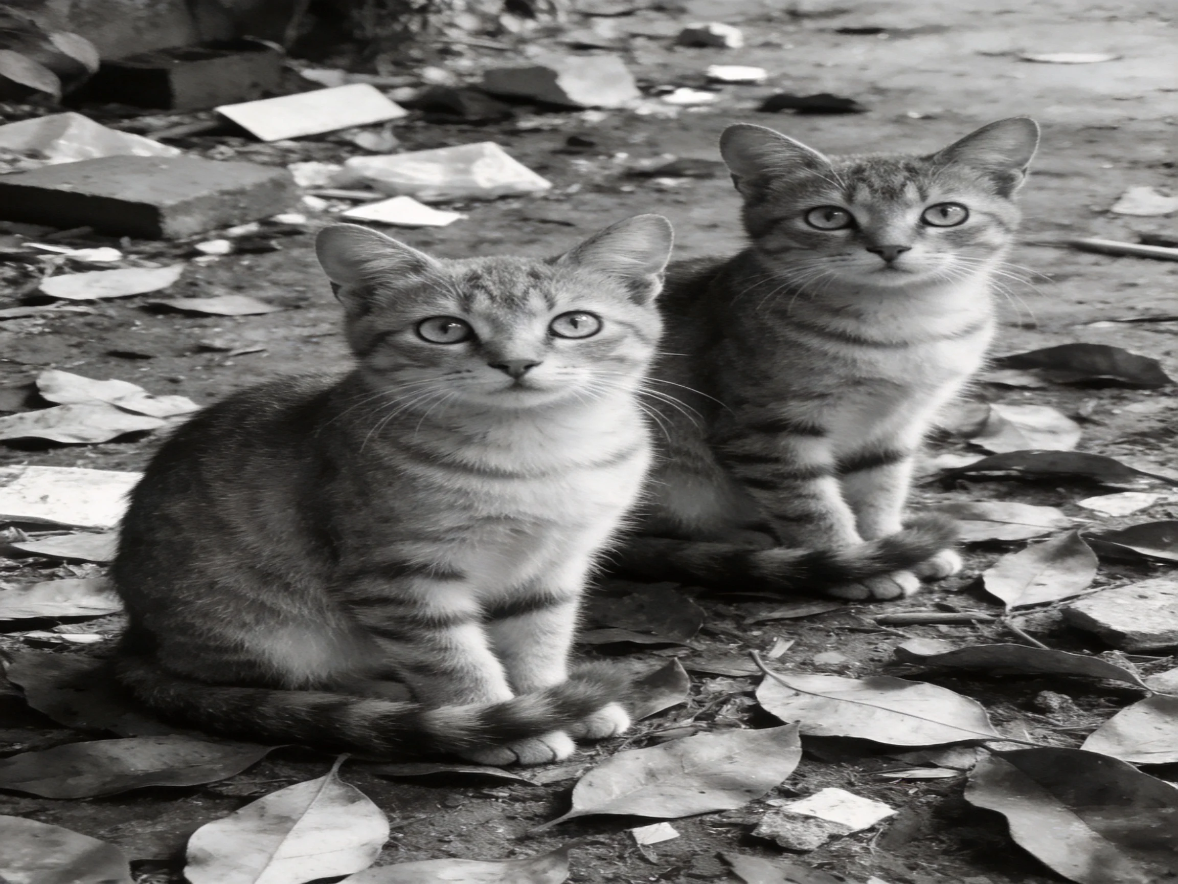 Two tabby cats sitting among scattered leaves in a monochrome outdoor scene