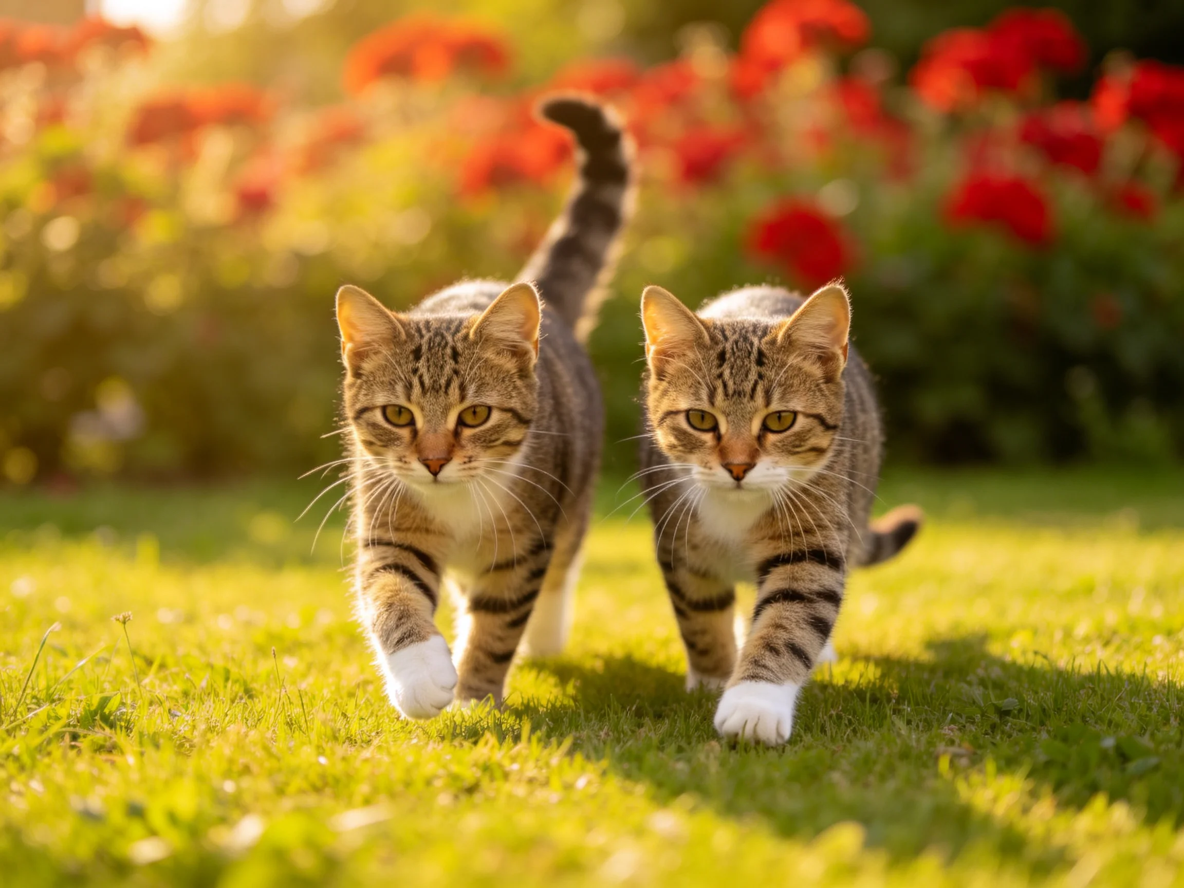 Two tabby cats walk together on a sunlit lawn near colorful flowers