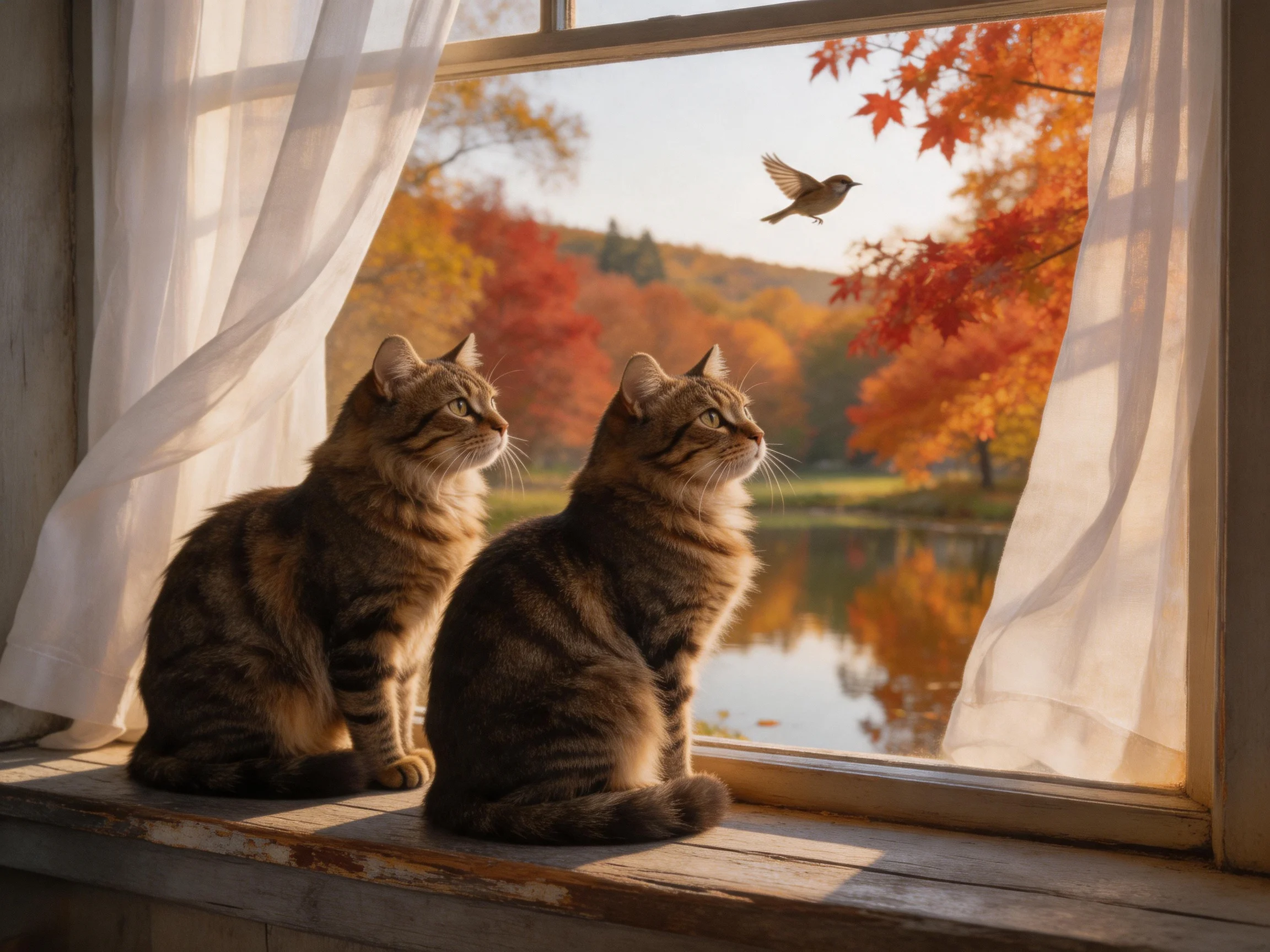 Two tabby cats watch a bird near vibrant fall foliage by a window