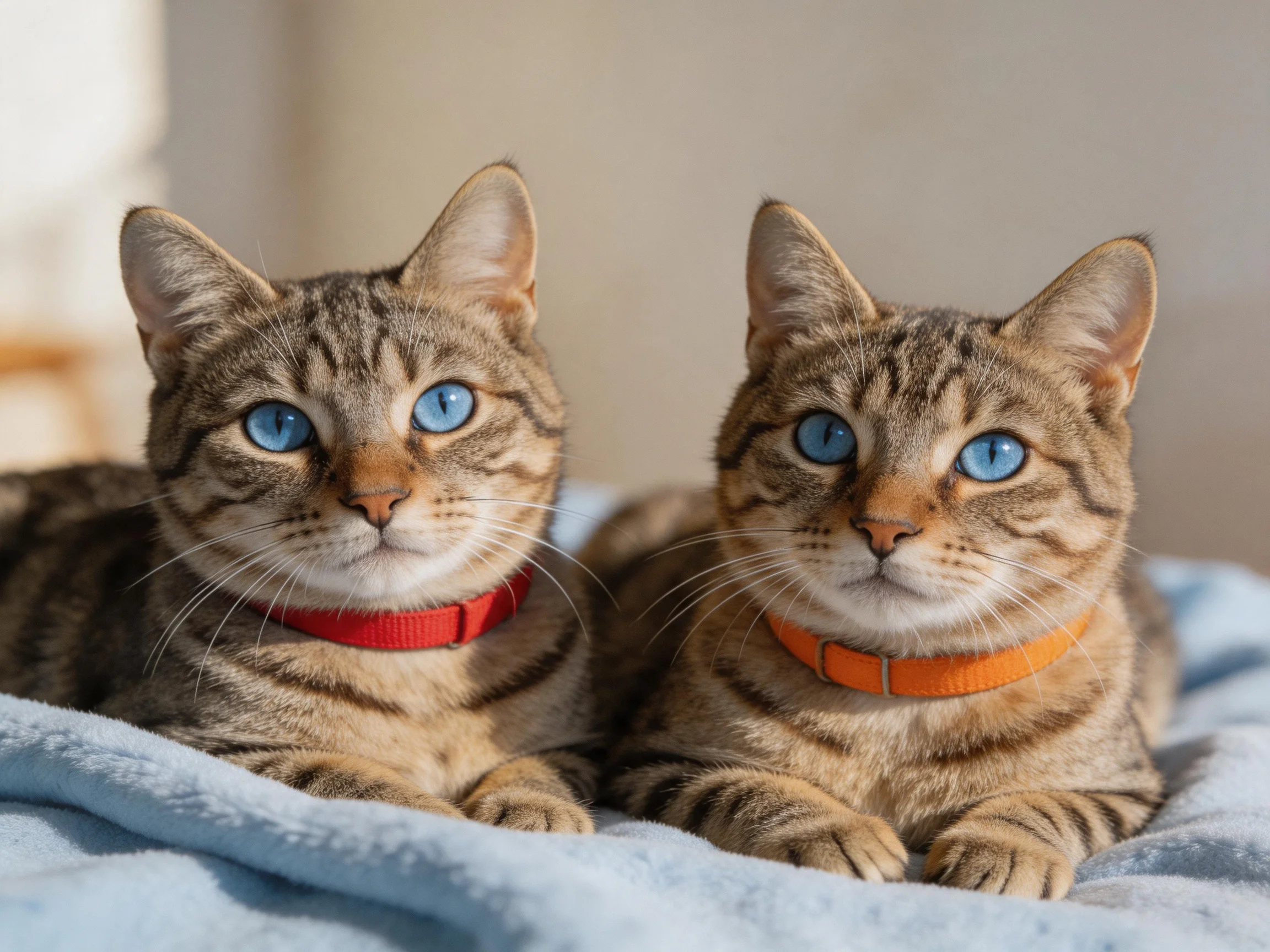 Two tabby cats with blue eyes rest together on a blue blanket