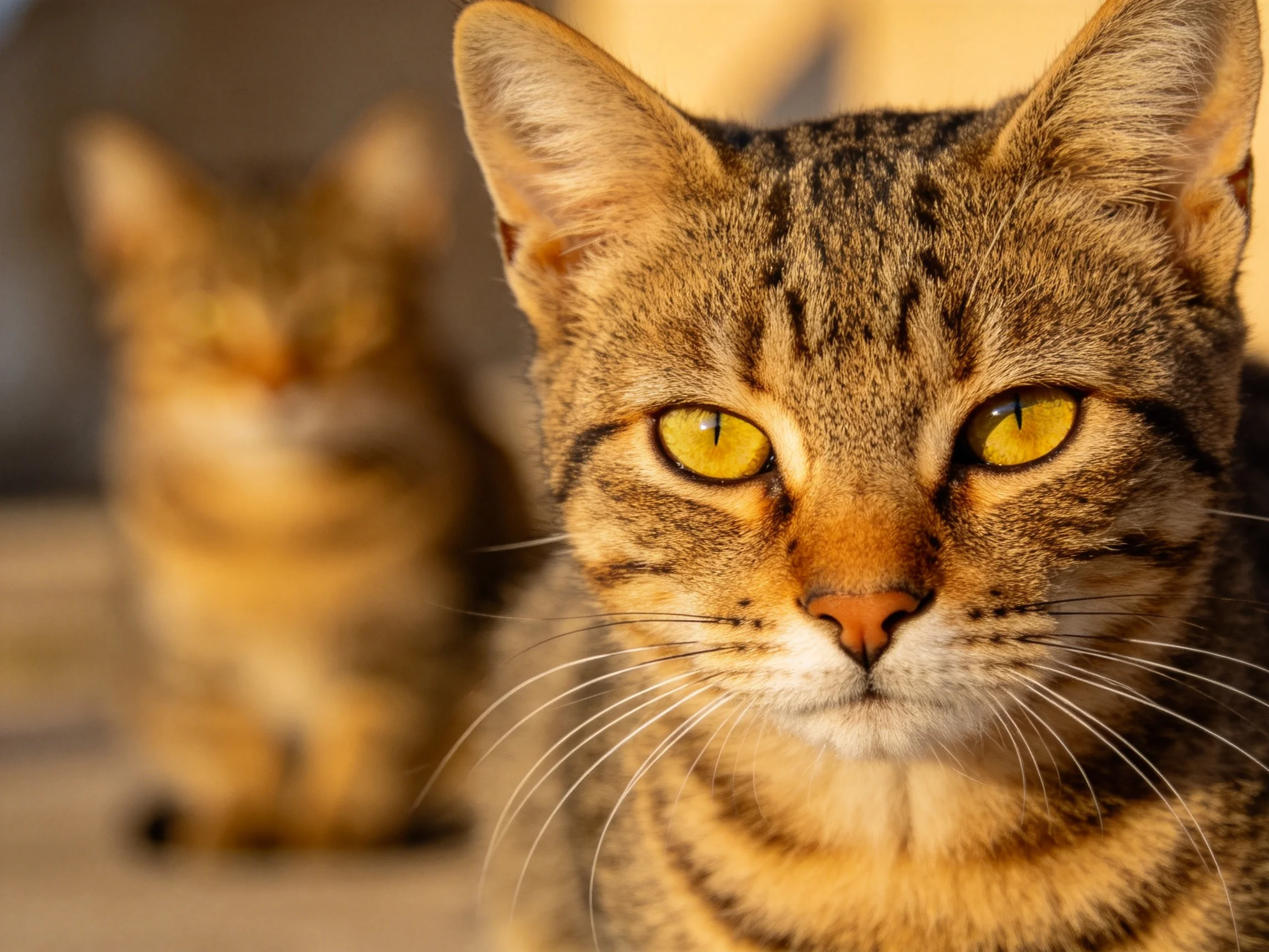 Two tabby cats, one clear, one blurry, in warm light
