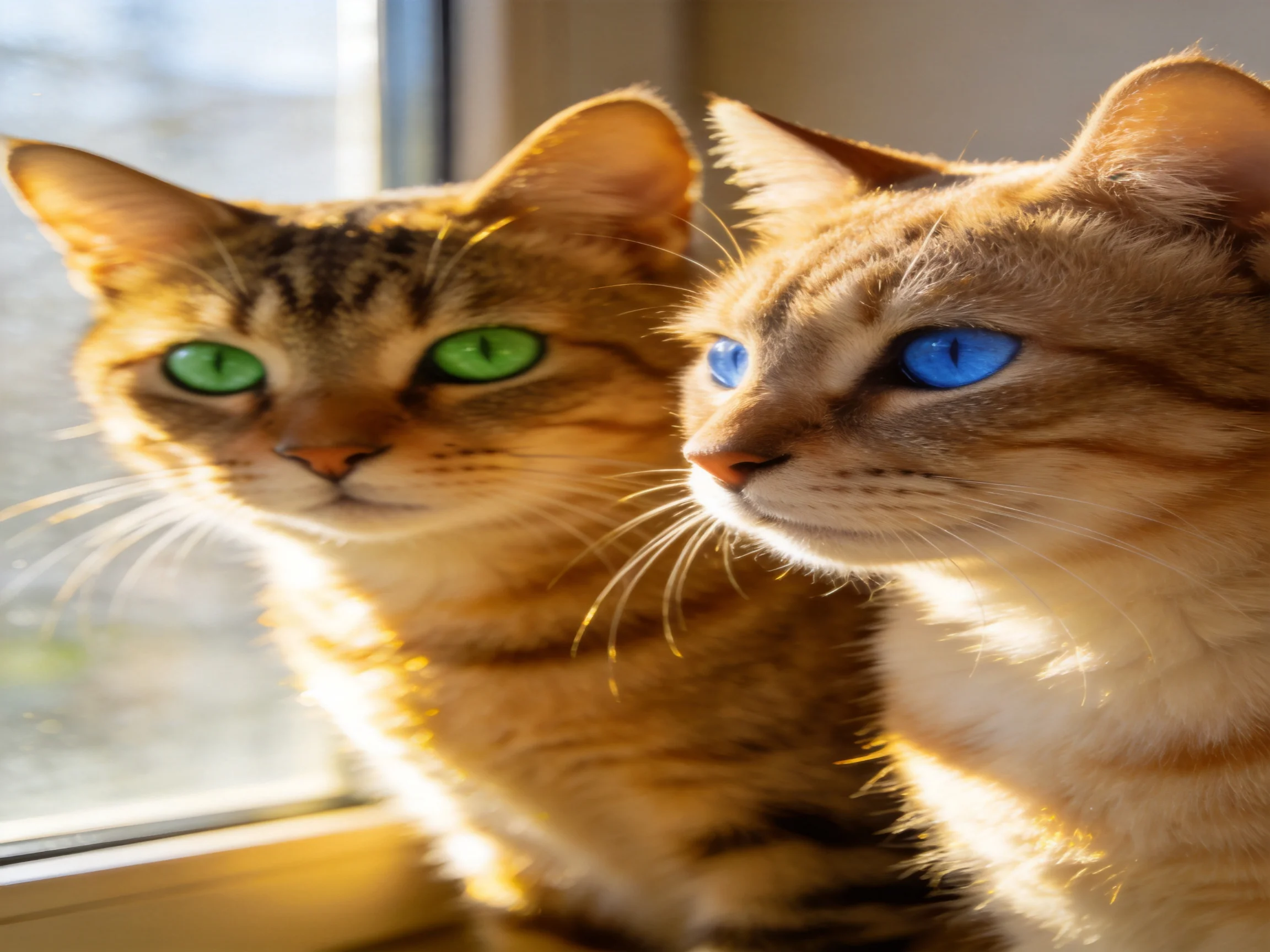 Tabby cats with colored eyes sit by a sunlit window.