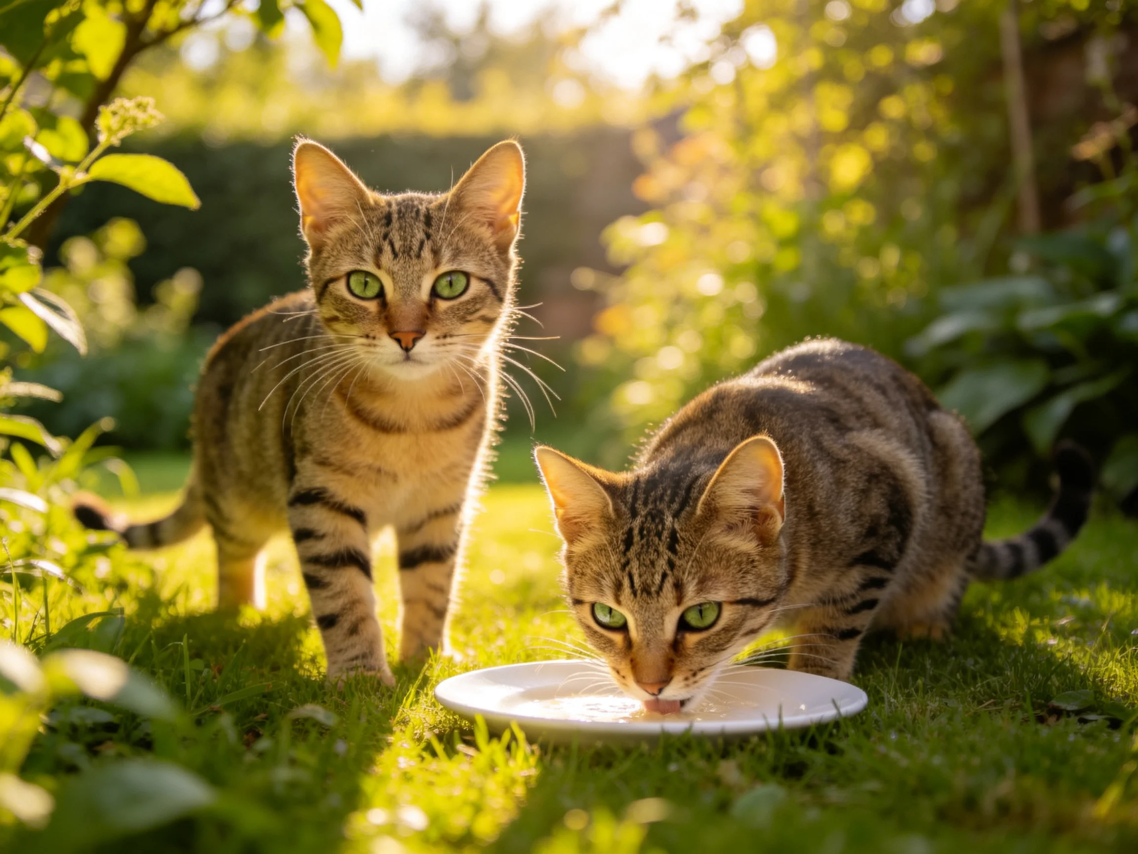 Two tabby cats interact near a dish in a sunlit garden.