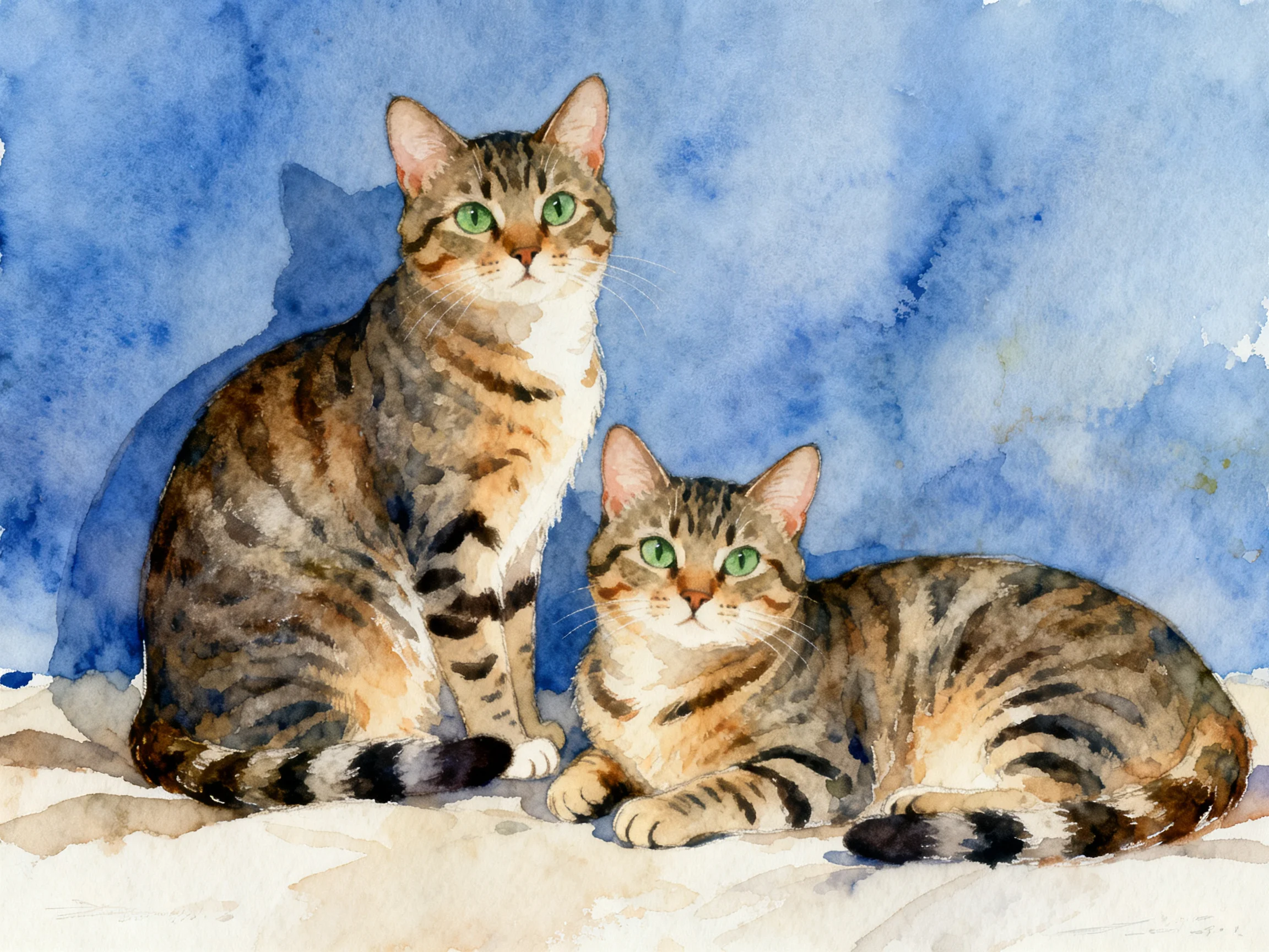 Two tabby cats with green eyes sit together next to a blue background
