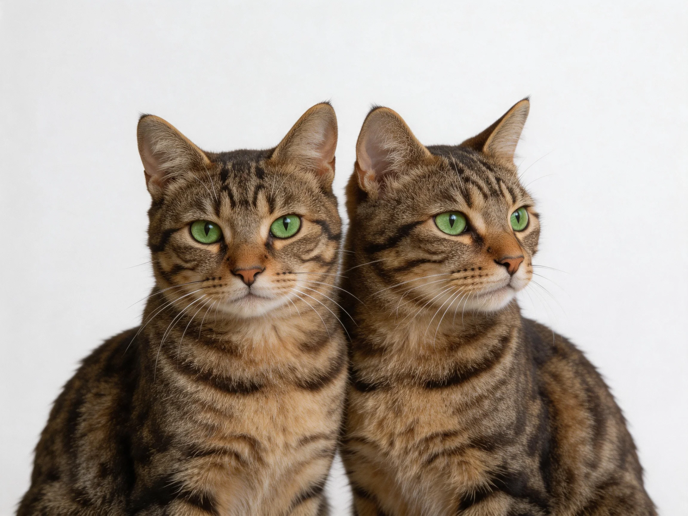 Two tabby cats with green eyes sit near each other on a plain surface