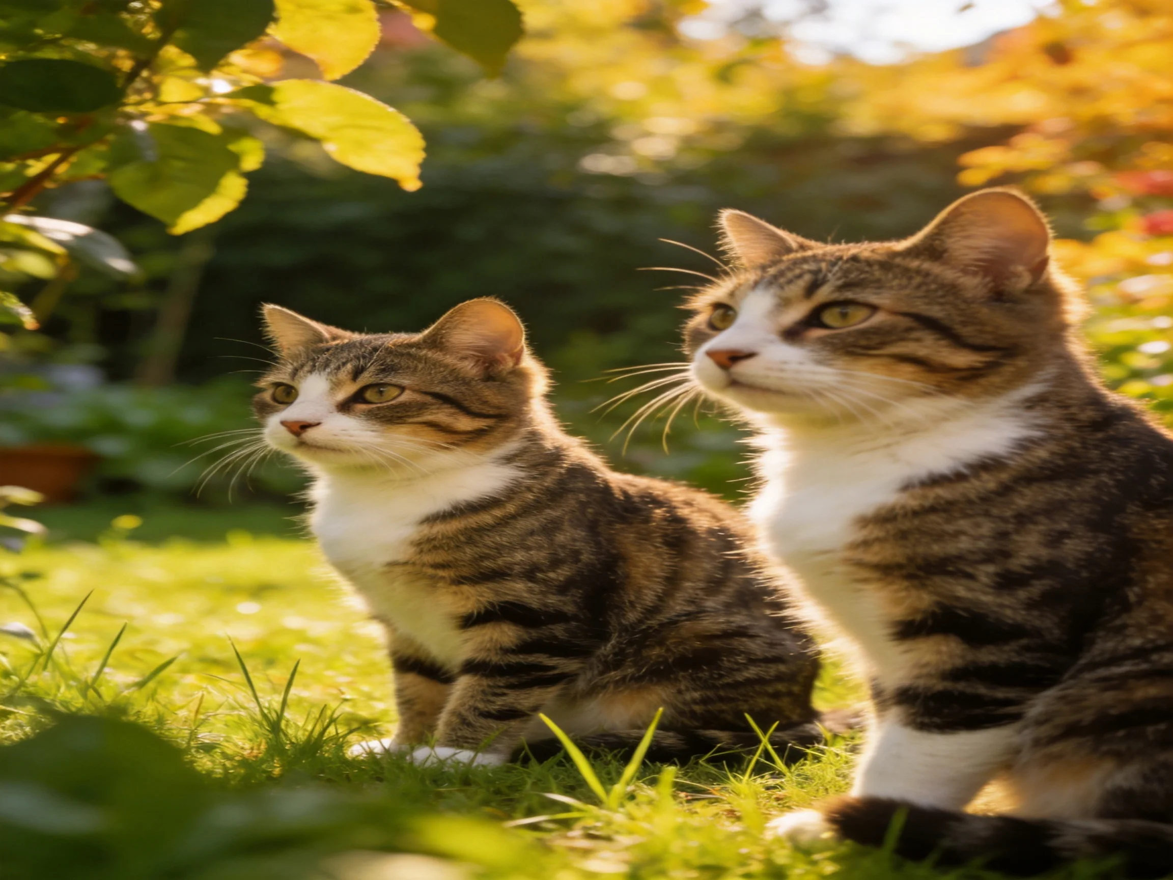Two tabby cats with white chests sit on sunlit grass in a garden