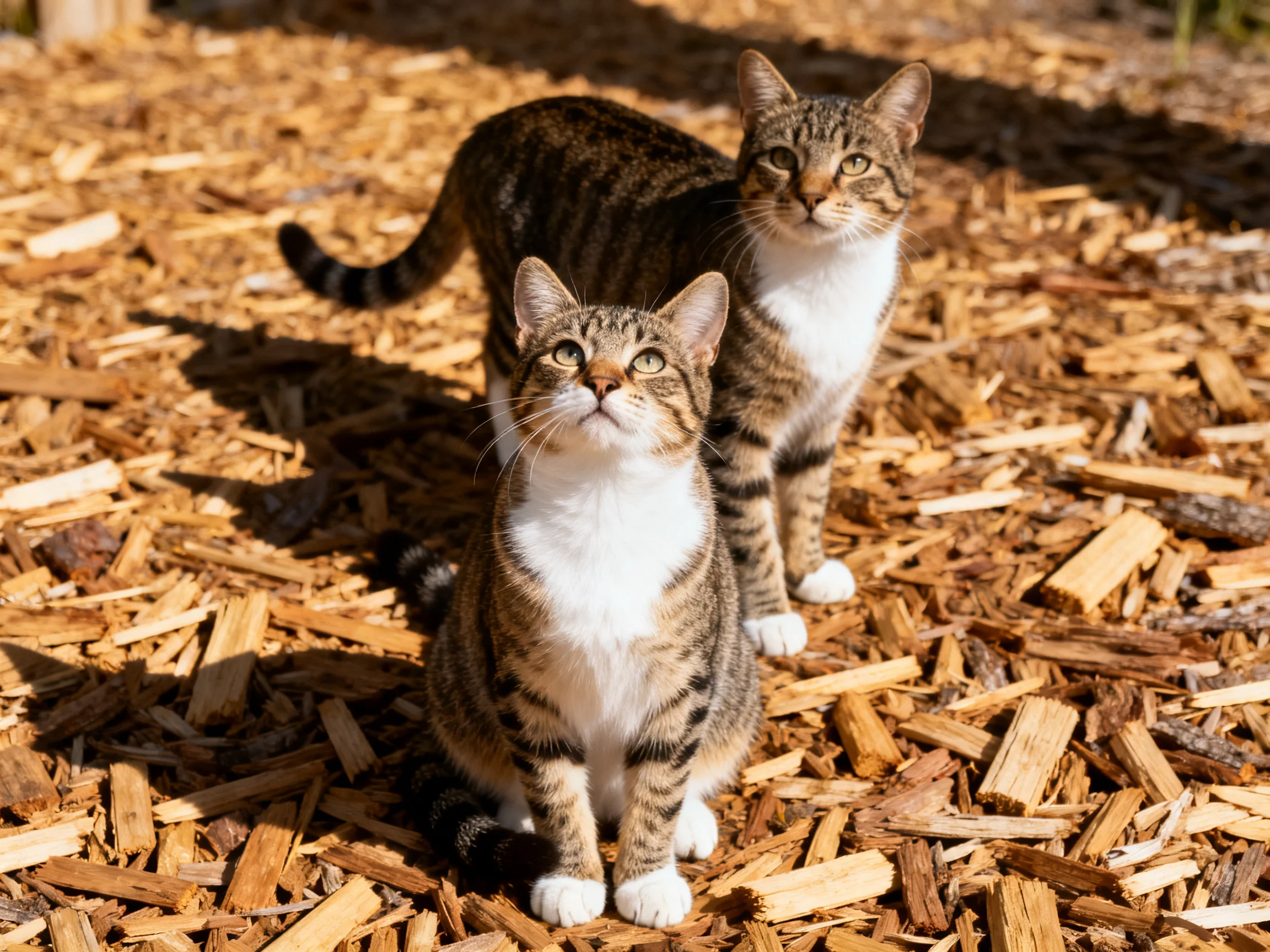Two tabby cats with white chests standing on wood chip mulch