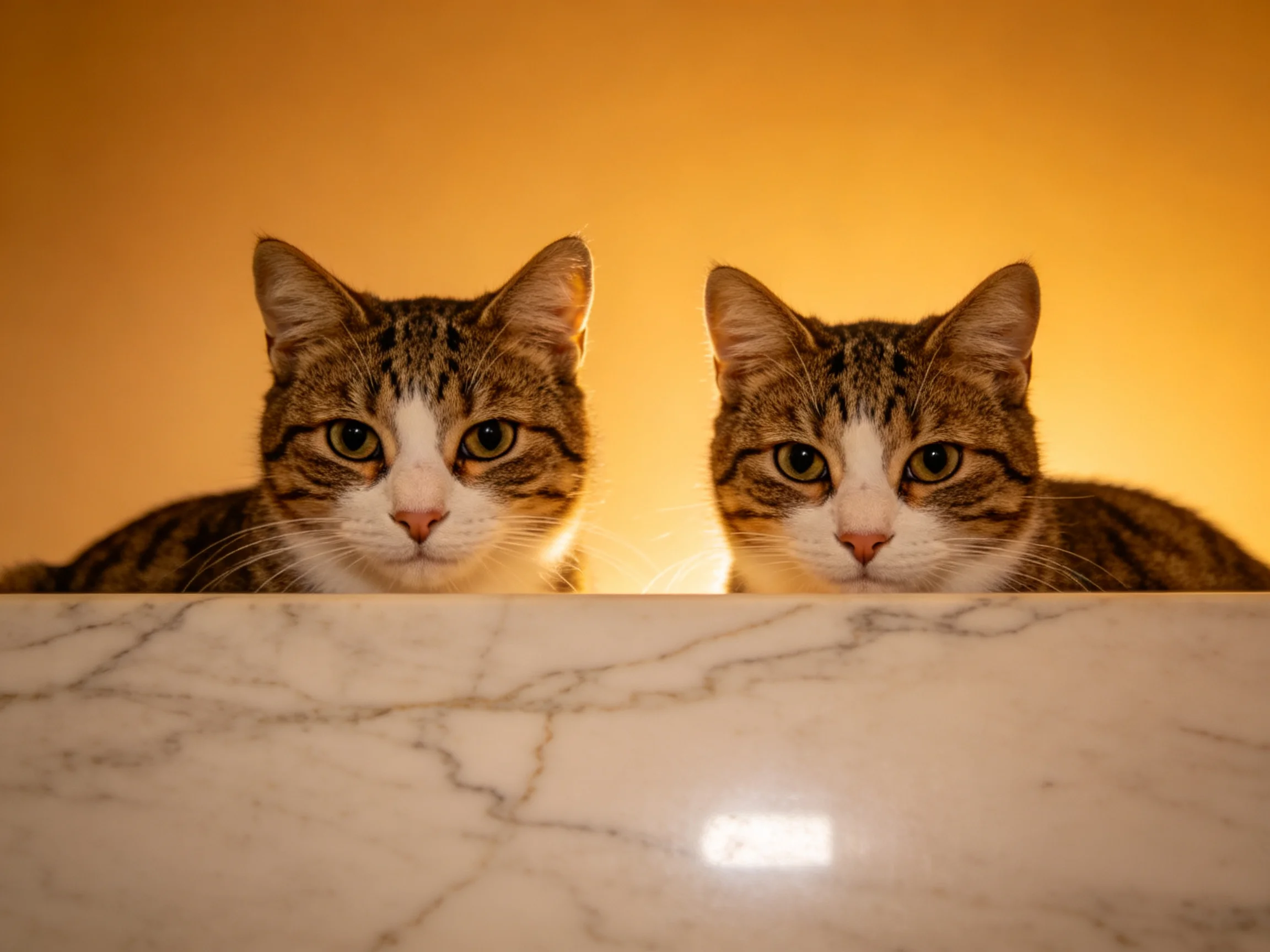Two tabby cats with white facial markings peek over a marble surface under warm lighting