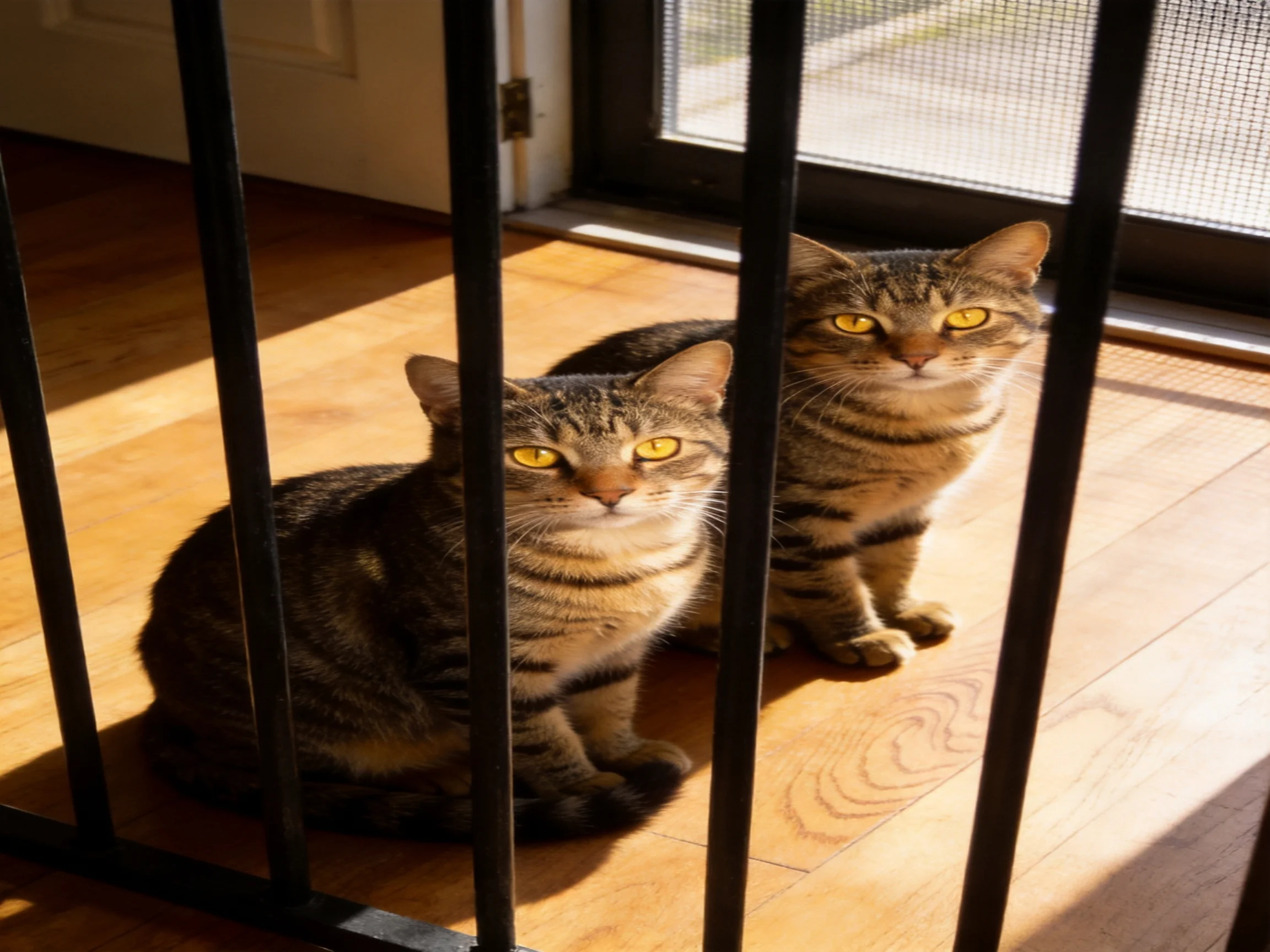 Two tabby cats sit behind bars on a sunlit wooden floor.
