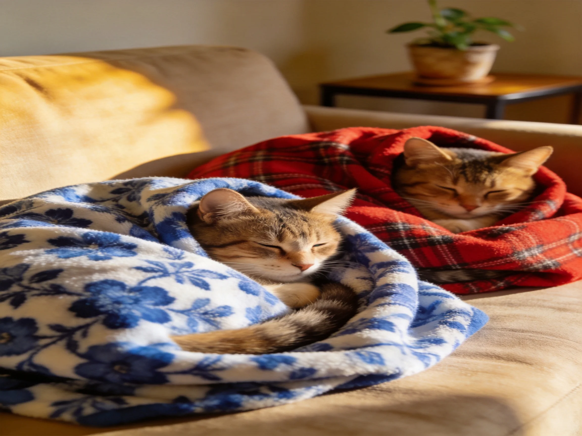 Two tabby cats wrapped in floral and plaid blankets on a beige couch