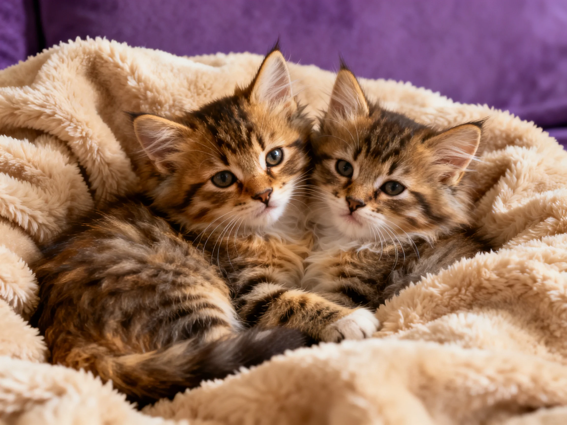 Two tabby kittens cuddle in a plush beige blanket beside purple fabric