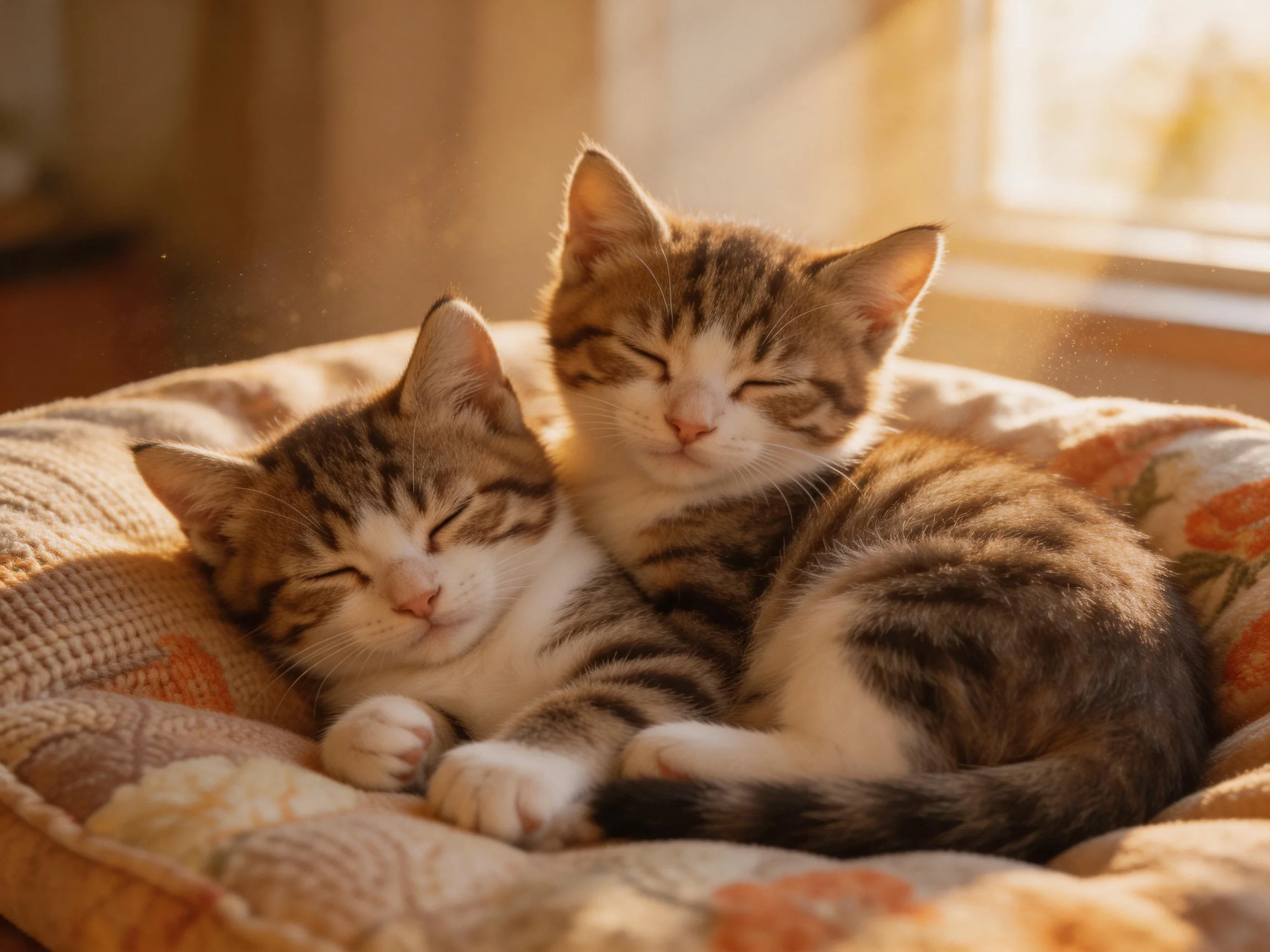 Two tabby kittens cuddle on a patterned cushion in warm sunlight