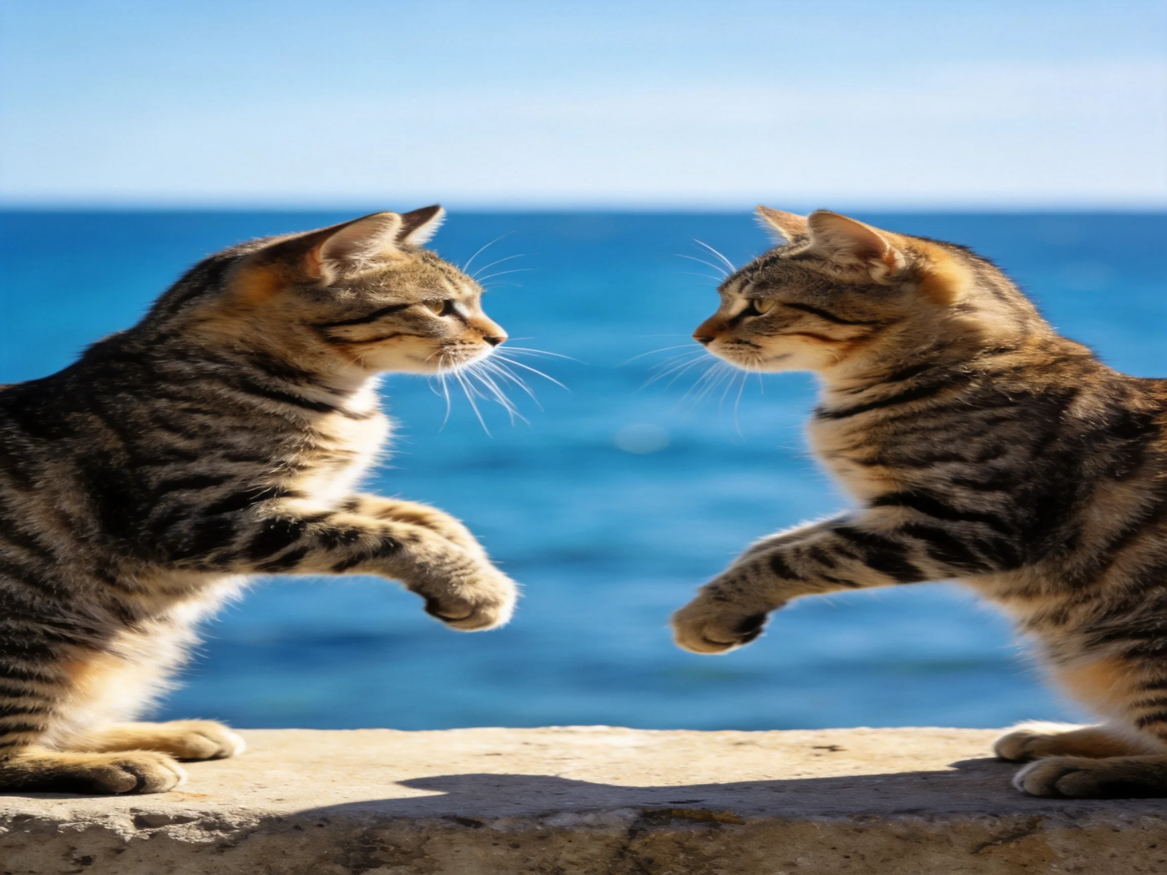 Two tabby kittens face each other by a bright blue sea