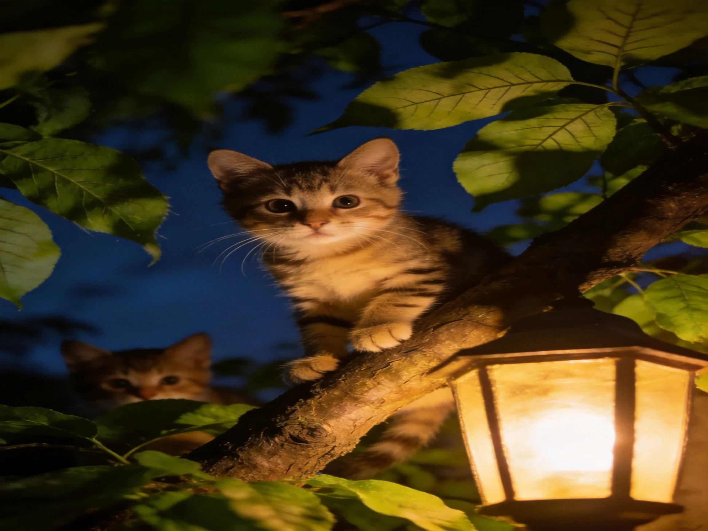 Two tabby kittens near a glowing lantern with dark blue sky and green foliage
