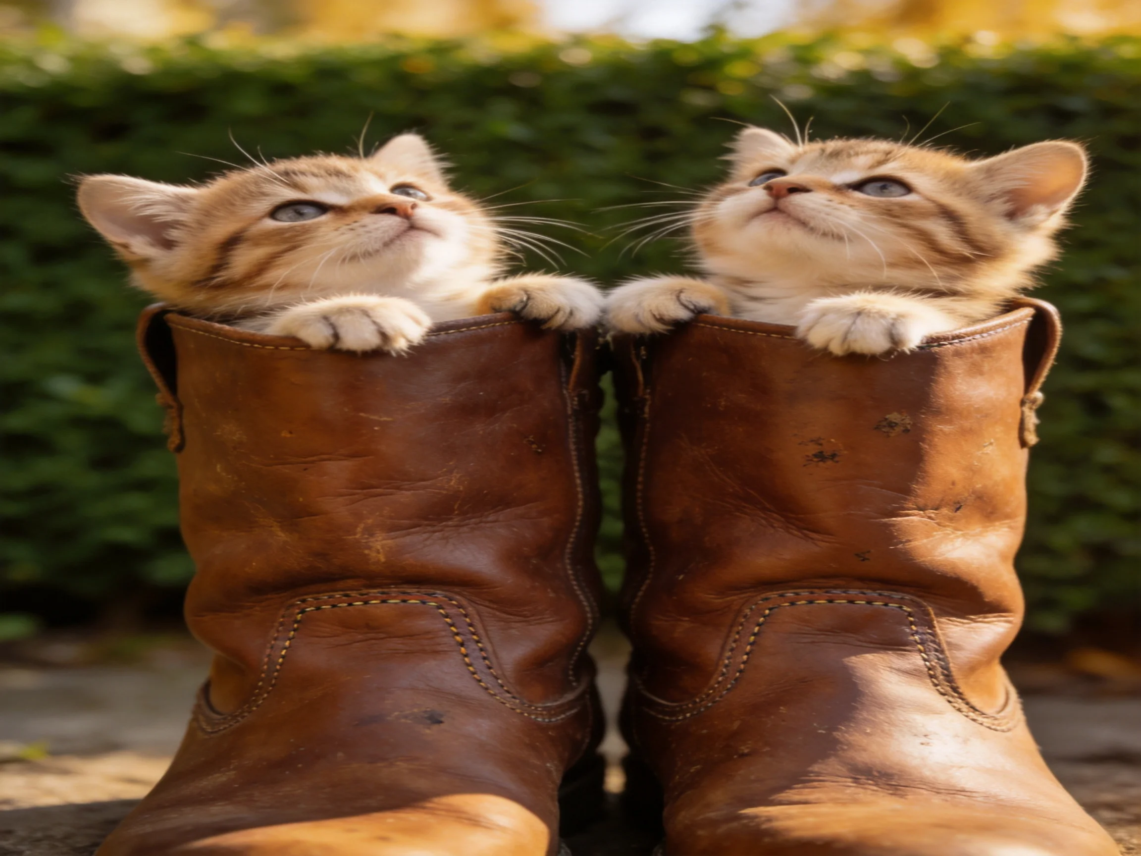 Two tabby kittens peek from worn brown leather boots outdoors