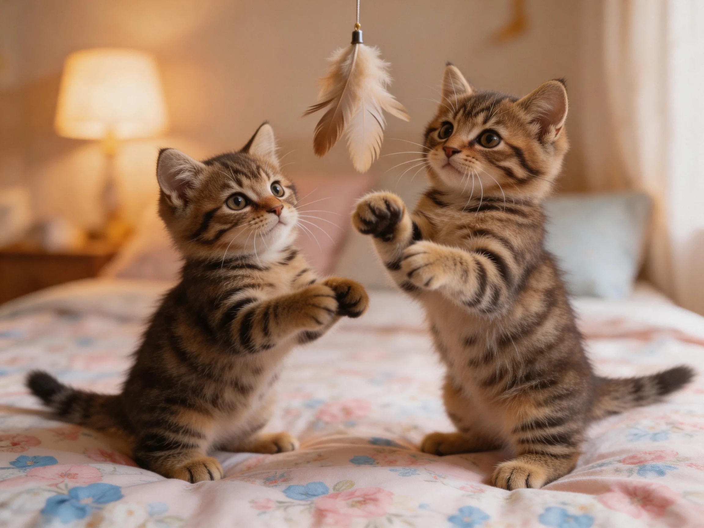 Two tabby kittens play with a feather toy on a floral bedspread