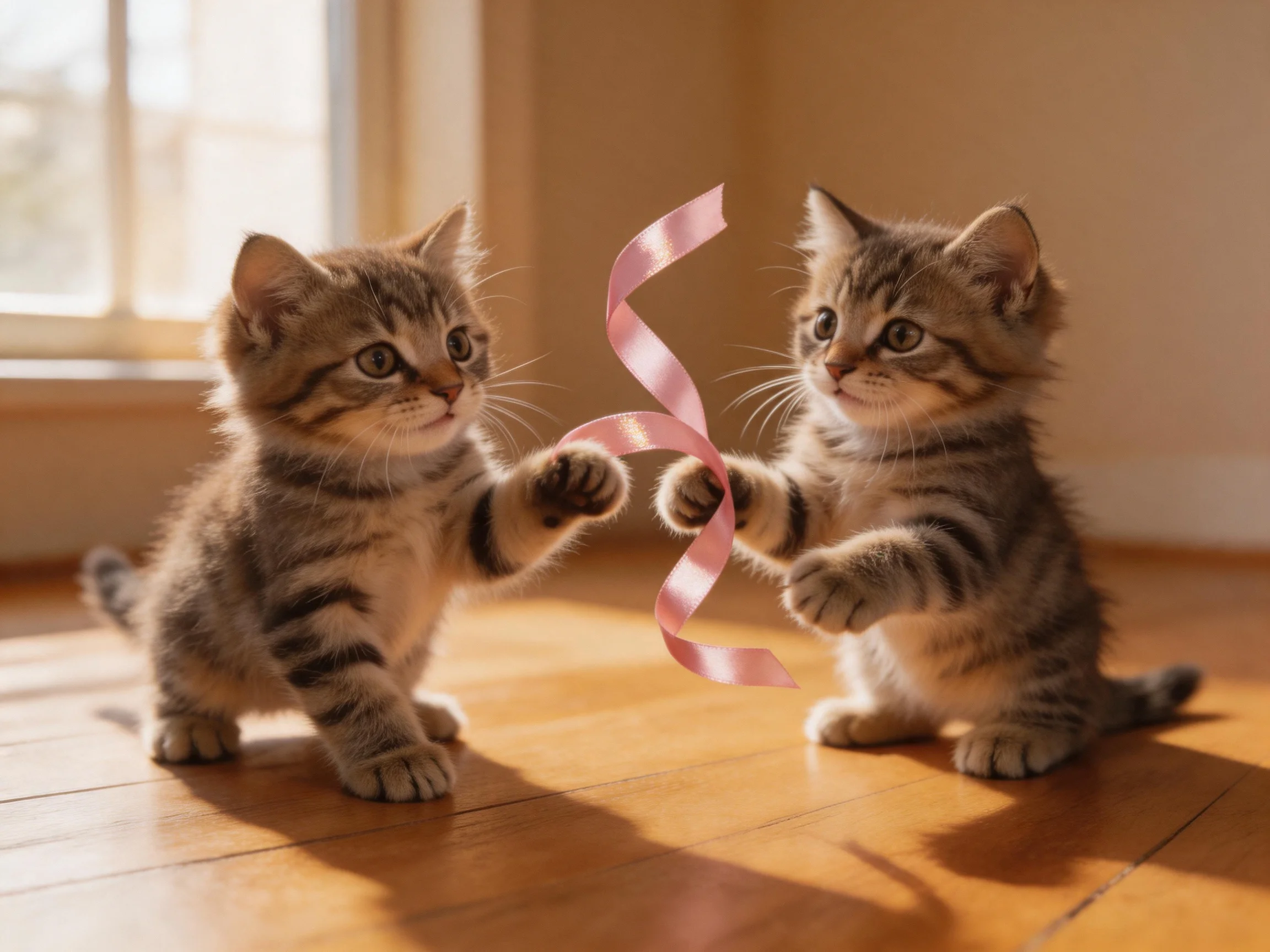 Two tabby kittens play with a pink ribbon on a wooden floor