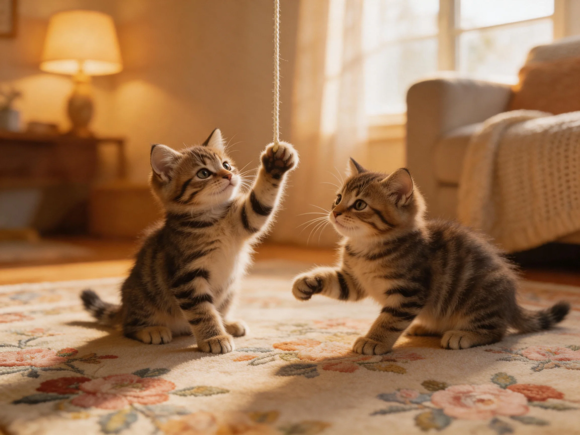 Two tabby kittens play with a string toy in a cozy living room