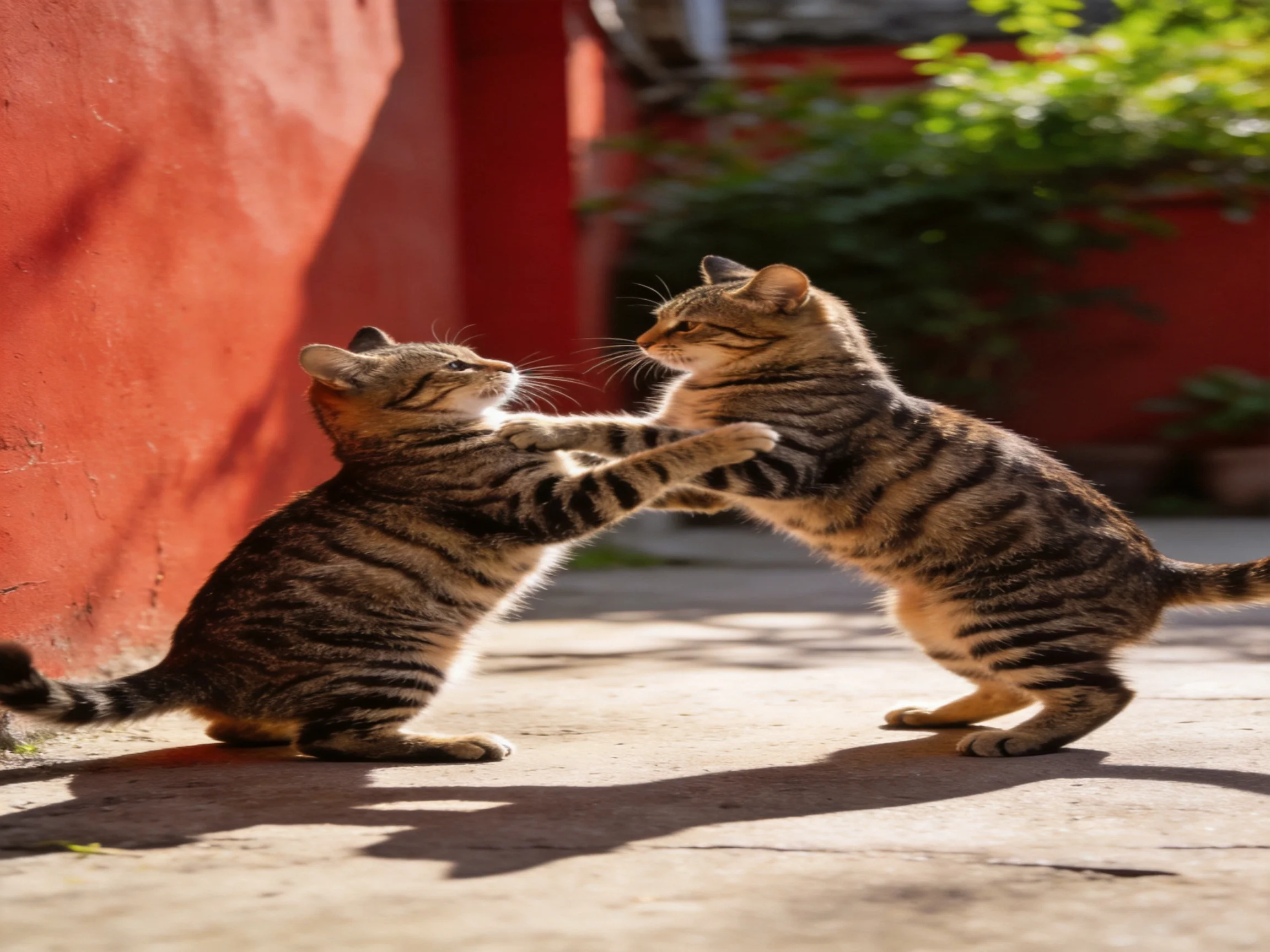 Two tabby kittens playfully interact beside a bright red wall in sunlight