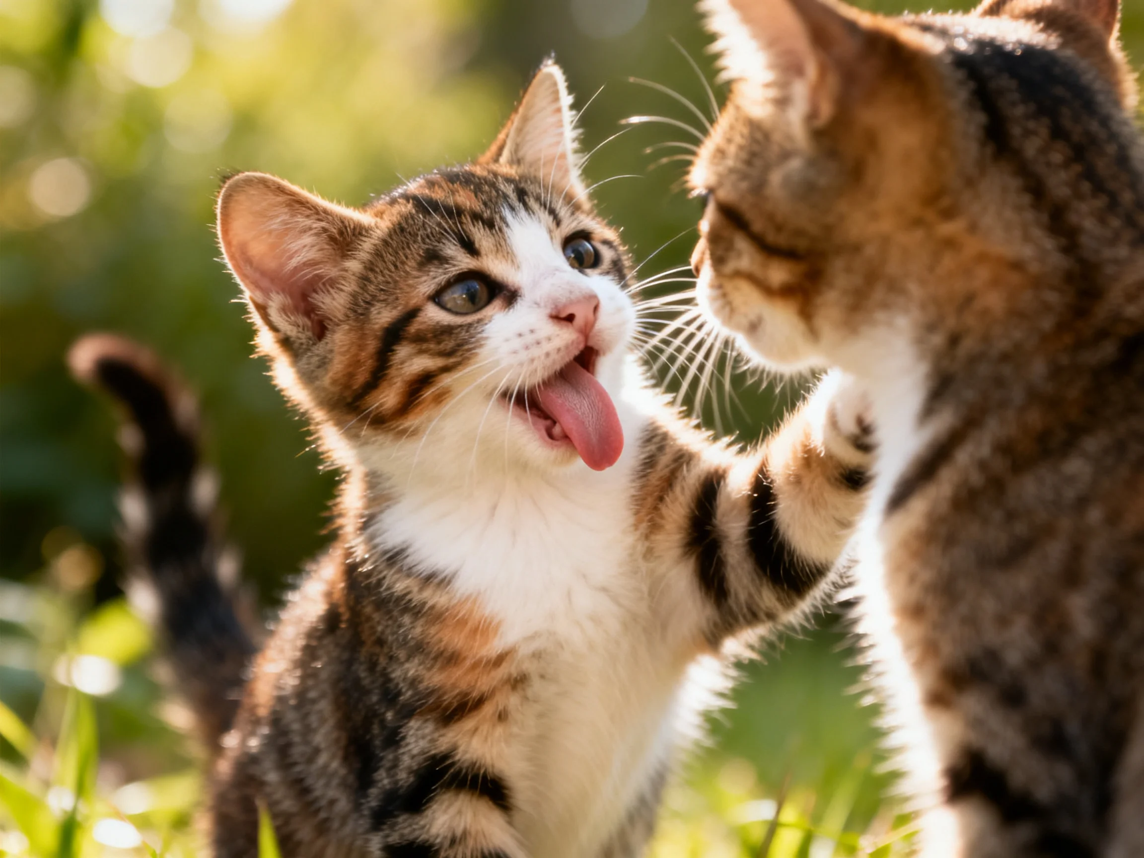 Two tabby kittens playfully interacting in a sunlit green outdoor setting