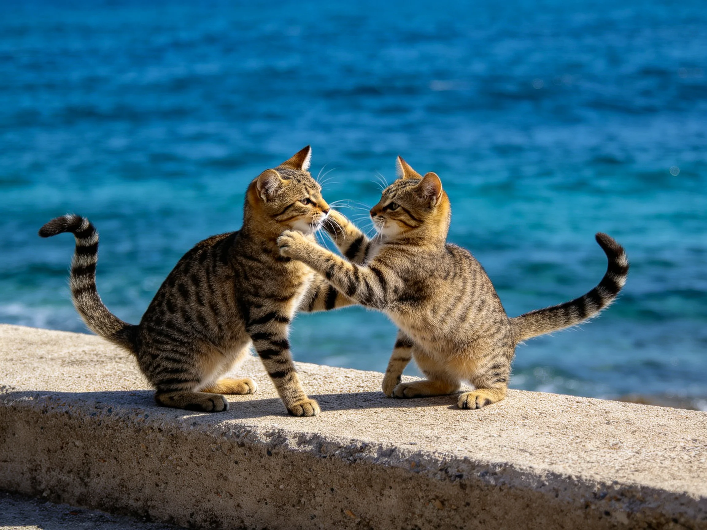 Two tabby kittens playfully interacting near a vibrant blue ocean