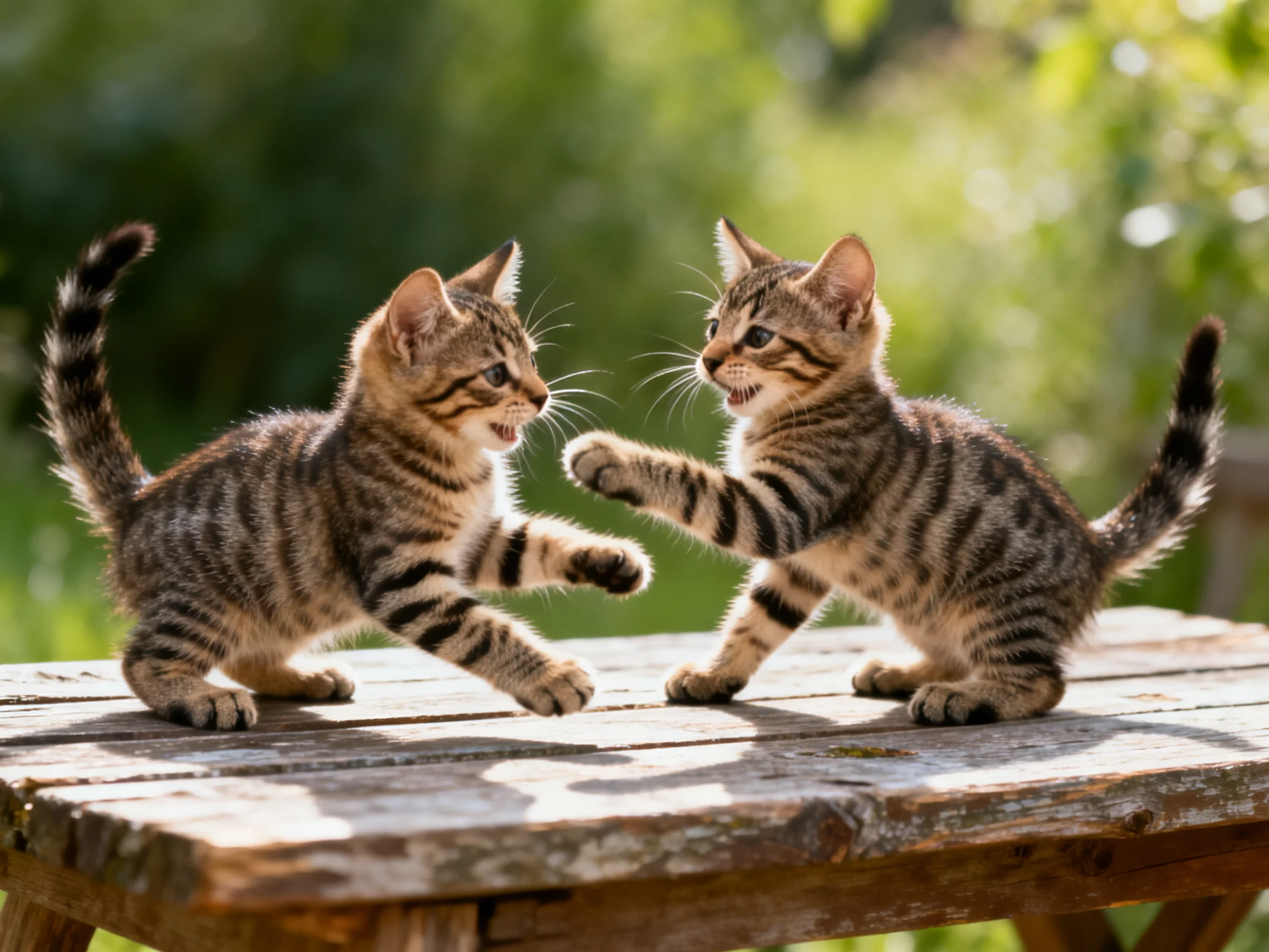 Two tabby kittens playfully interacting on a weathered wooden table