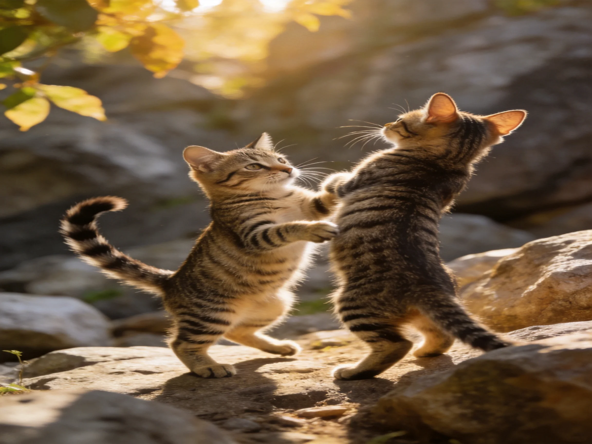 Two tabby kittens playfully interacting on rocky terrain under golden sunlight