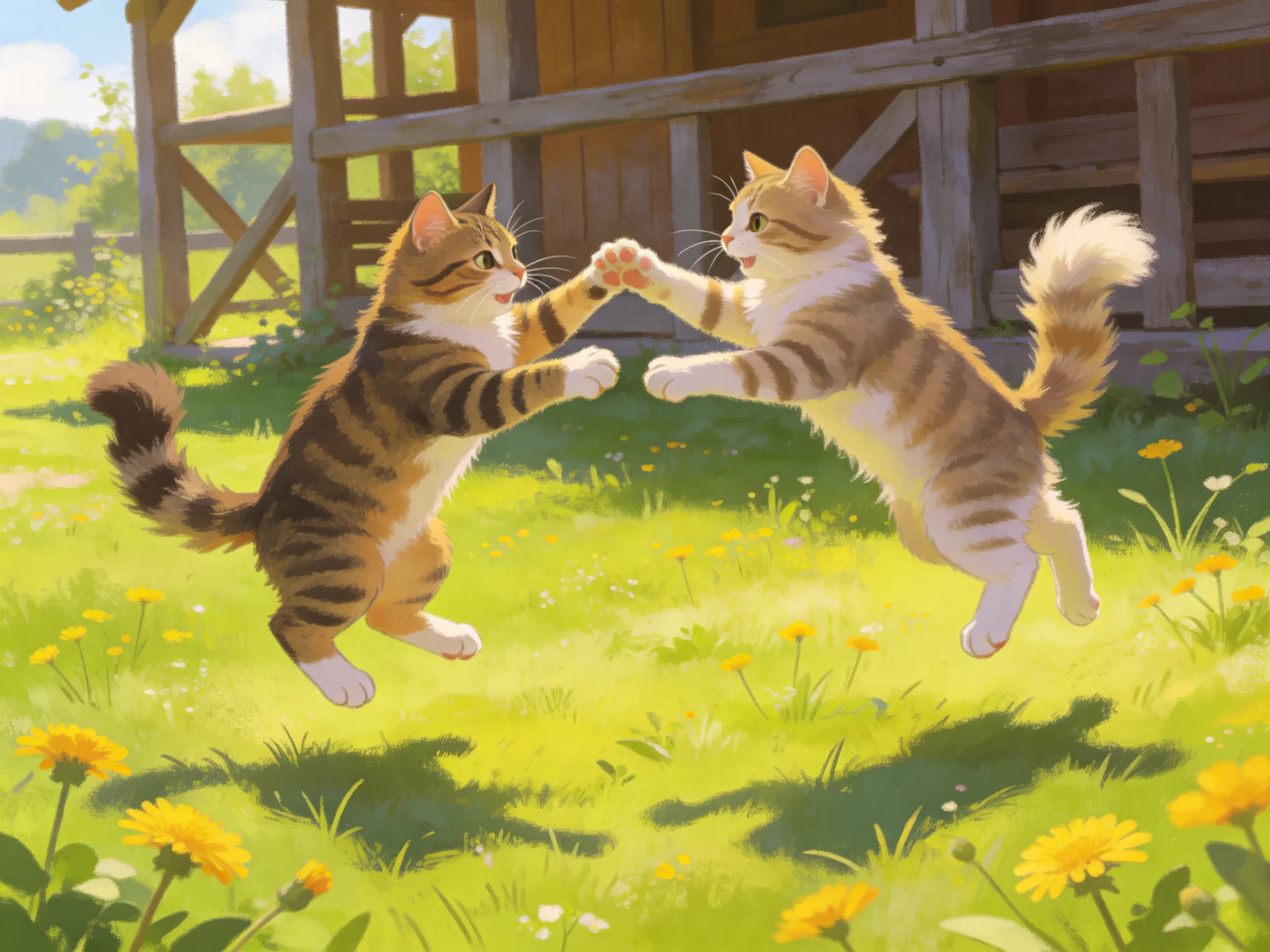 Two tabby kittens playfully jumping in a sunlit meadow near a wooden barn