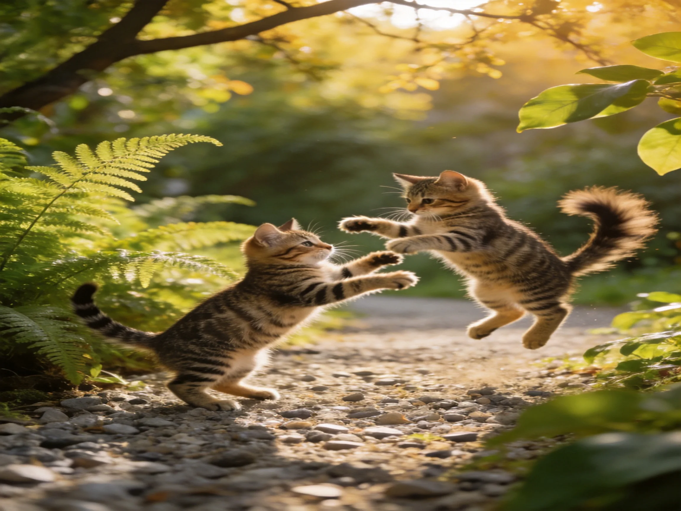 Two tabby kittens playfully leaping toward each other amid green foliage and pebbly ground