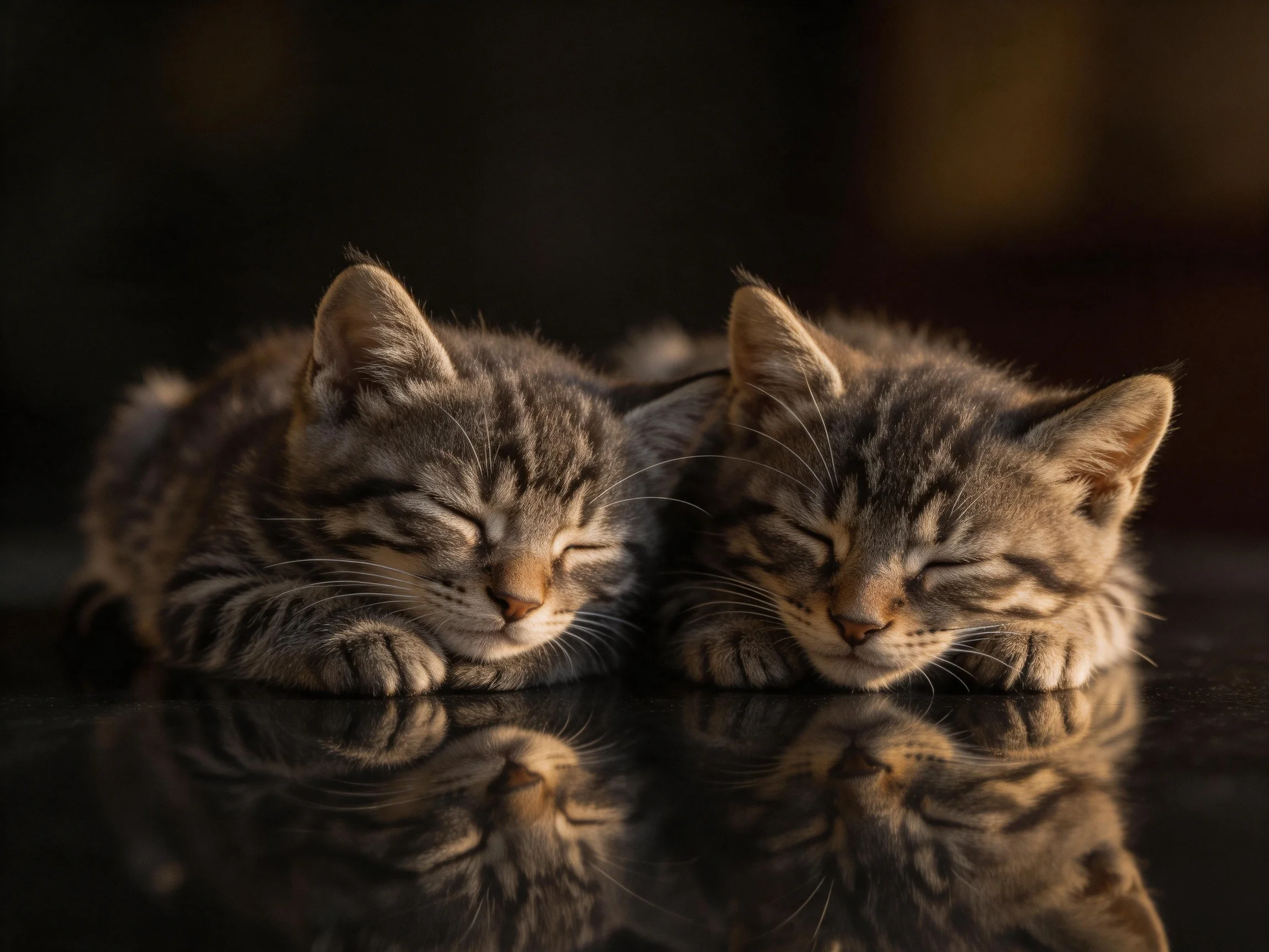 Two tabby kittens rest closely together on a reflective surface