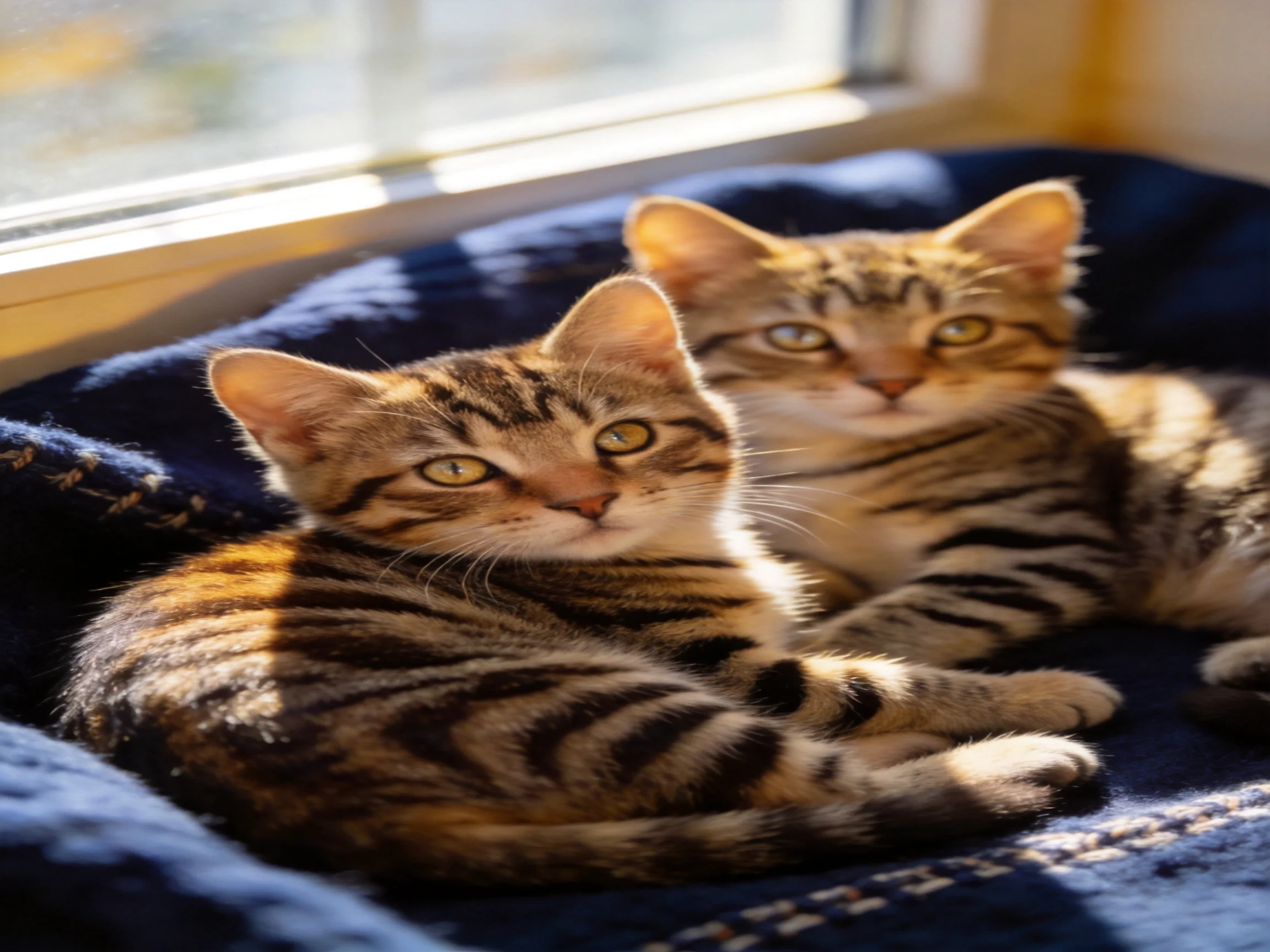 Two tabby kittens rest on a dark blue blanket by a sunlit window