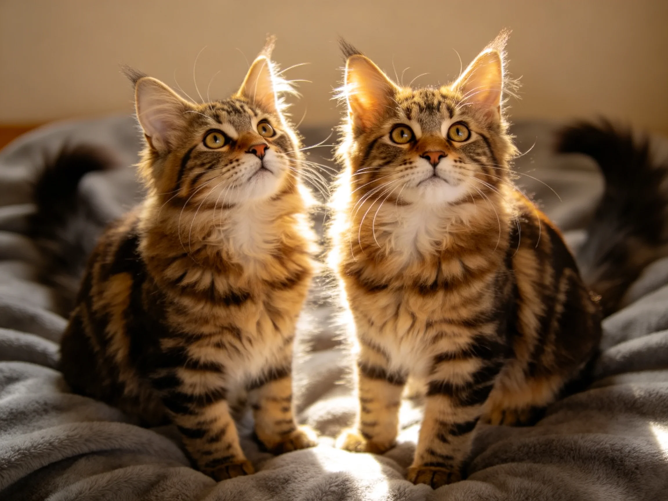 Two tabby kittens rest on a plush gray blanket under golden sunlight