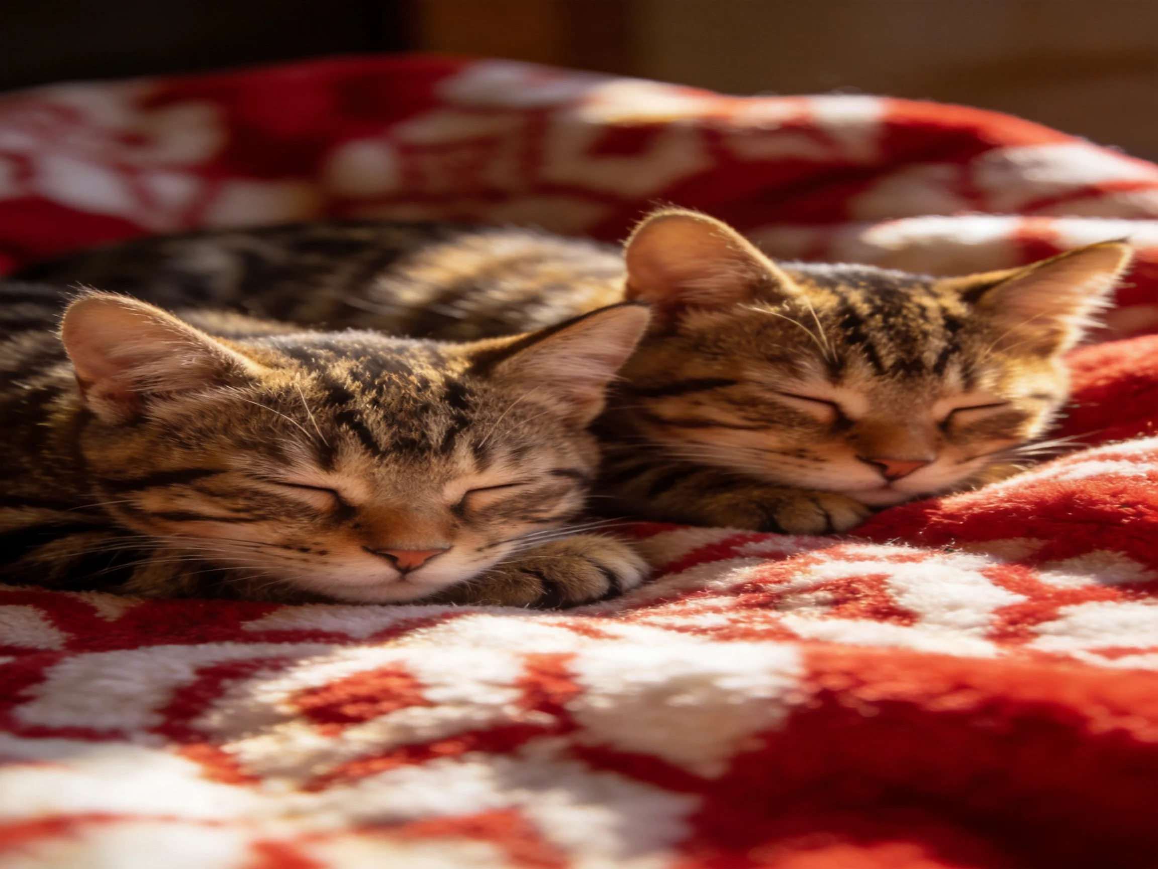 Two tabby kittens rest on a red and white patterned blanket