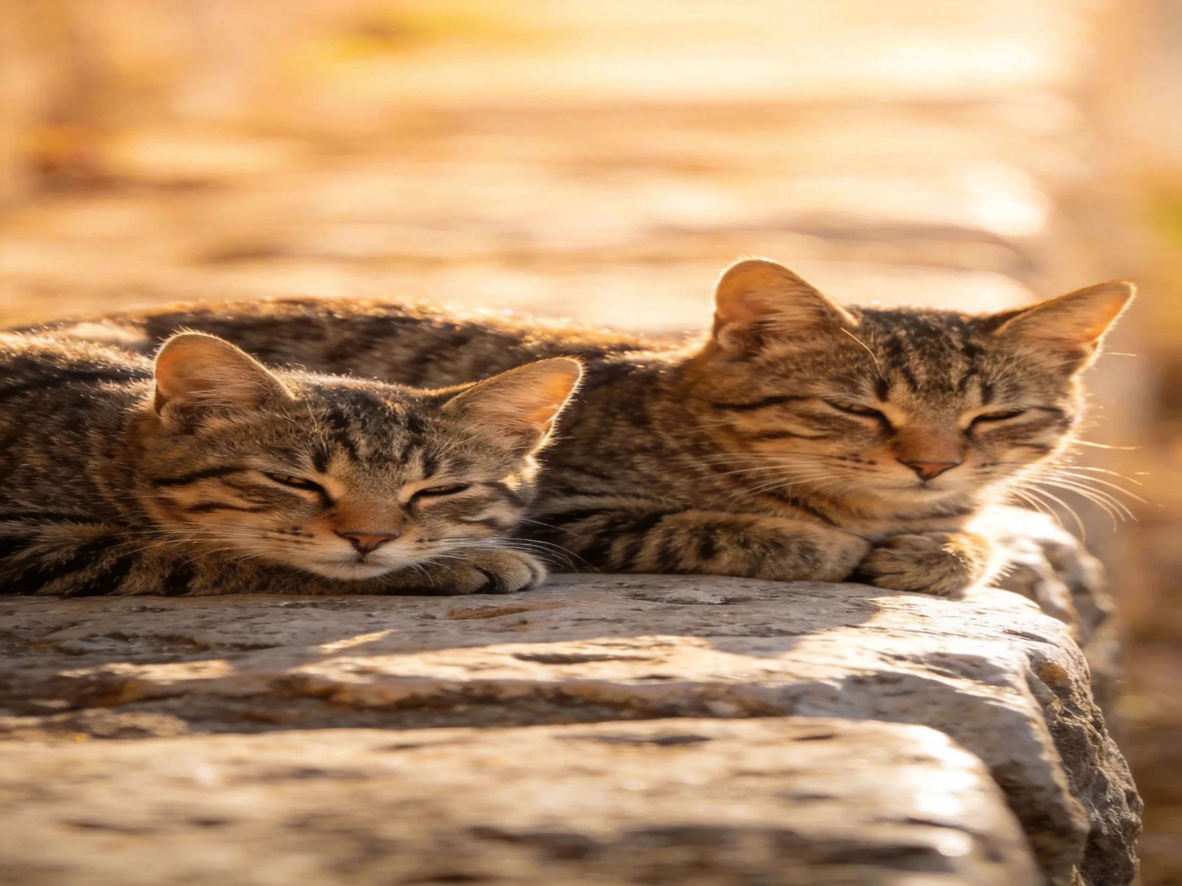 Two tabby kittens rest on a weathered stone ledge in golden sunlight