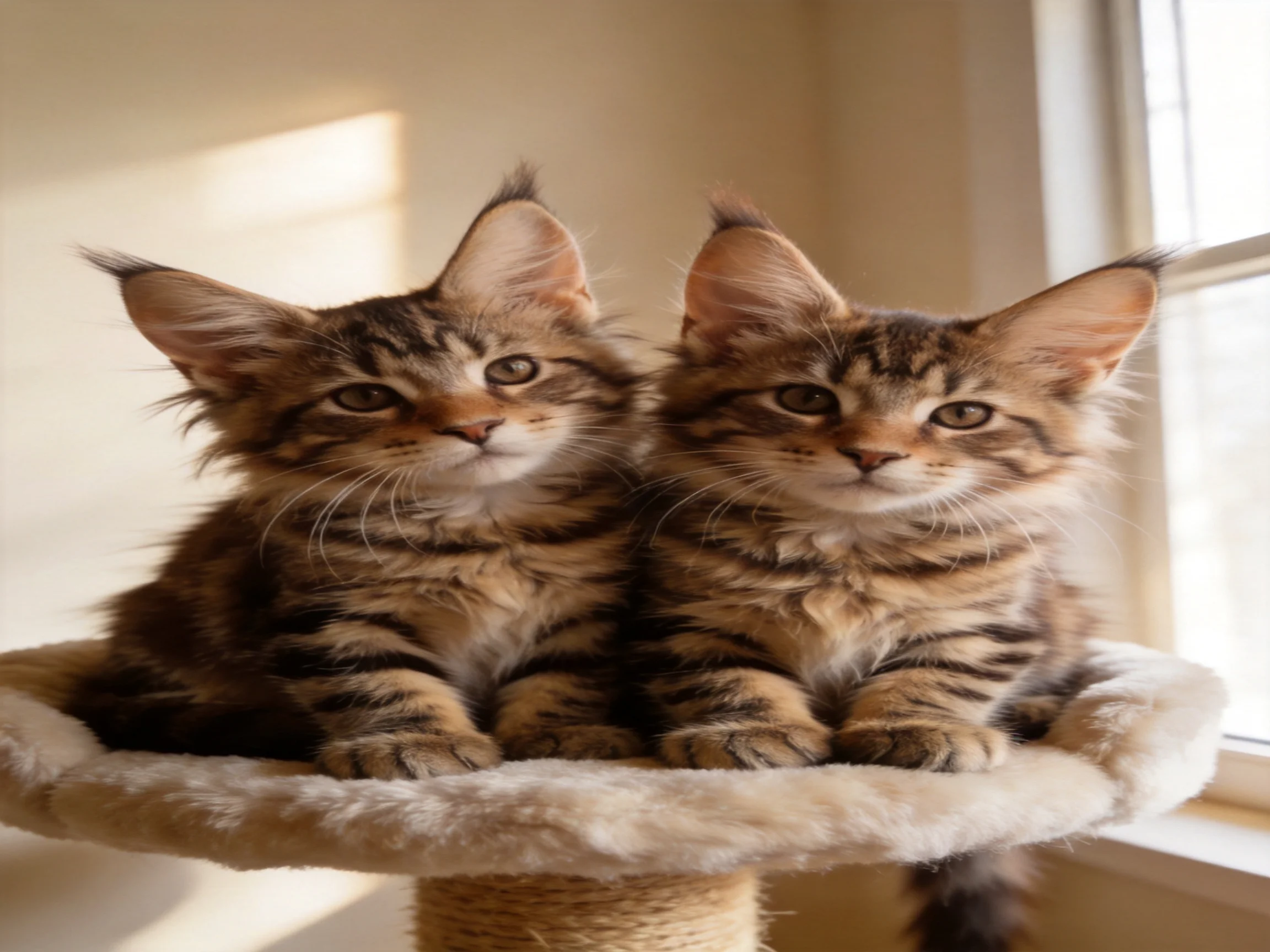 Two tabby kittens rest side by side on a plush cat tower near a window