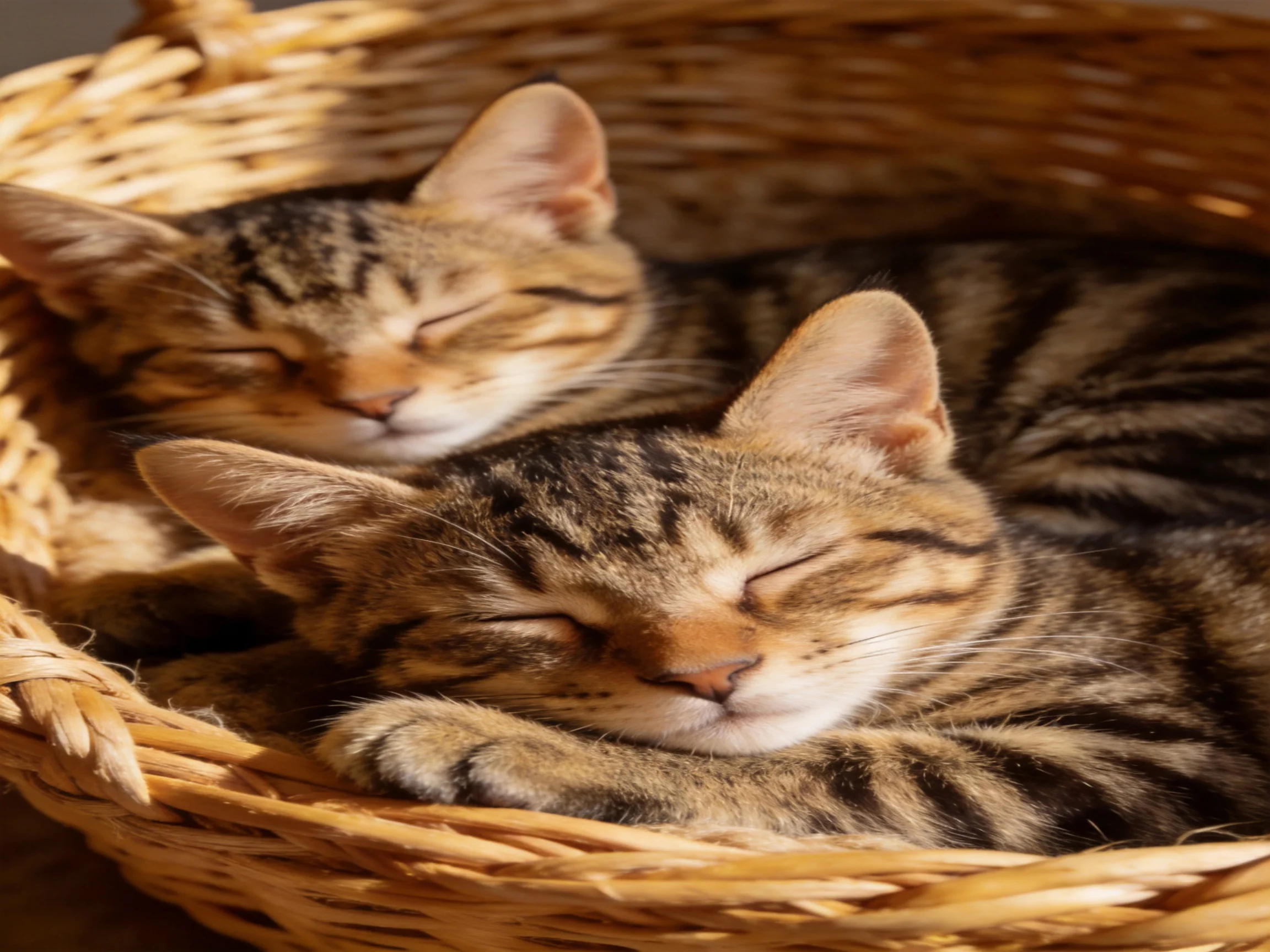 Two tabby kittens resting in a woven wicker basket