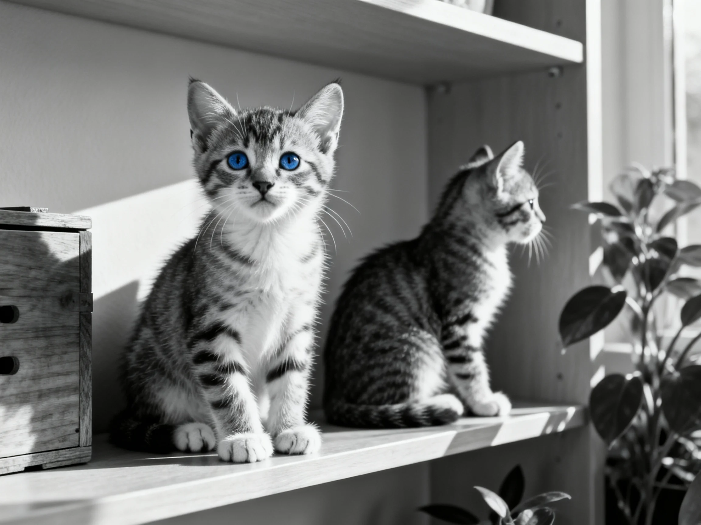 Two tabby kittens sit on a shelf, one with vivid blue eyes