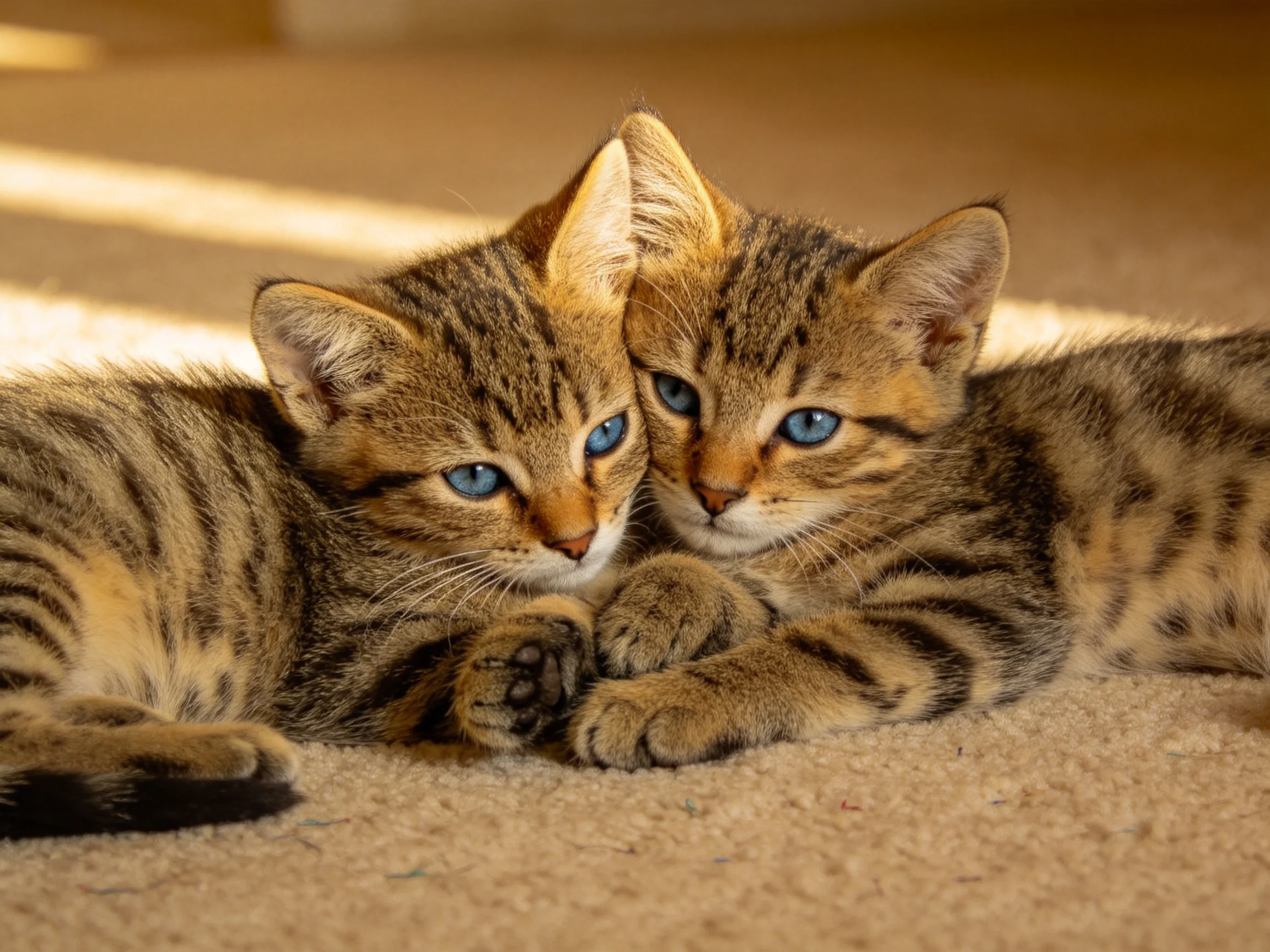 Two tabby kittens with blue eyes cuddle on a beige carpet
