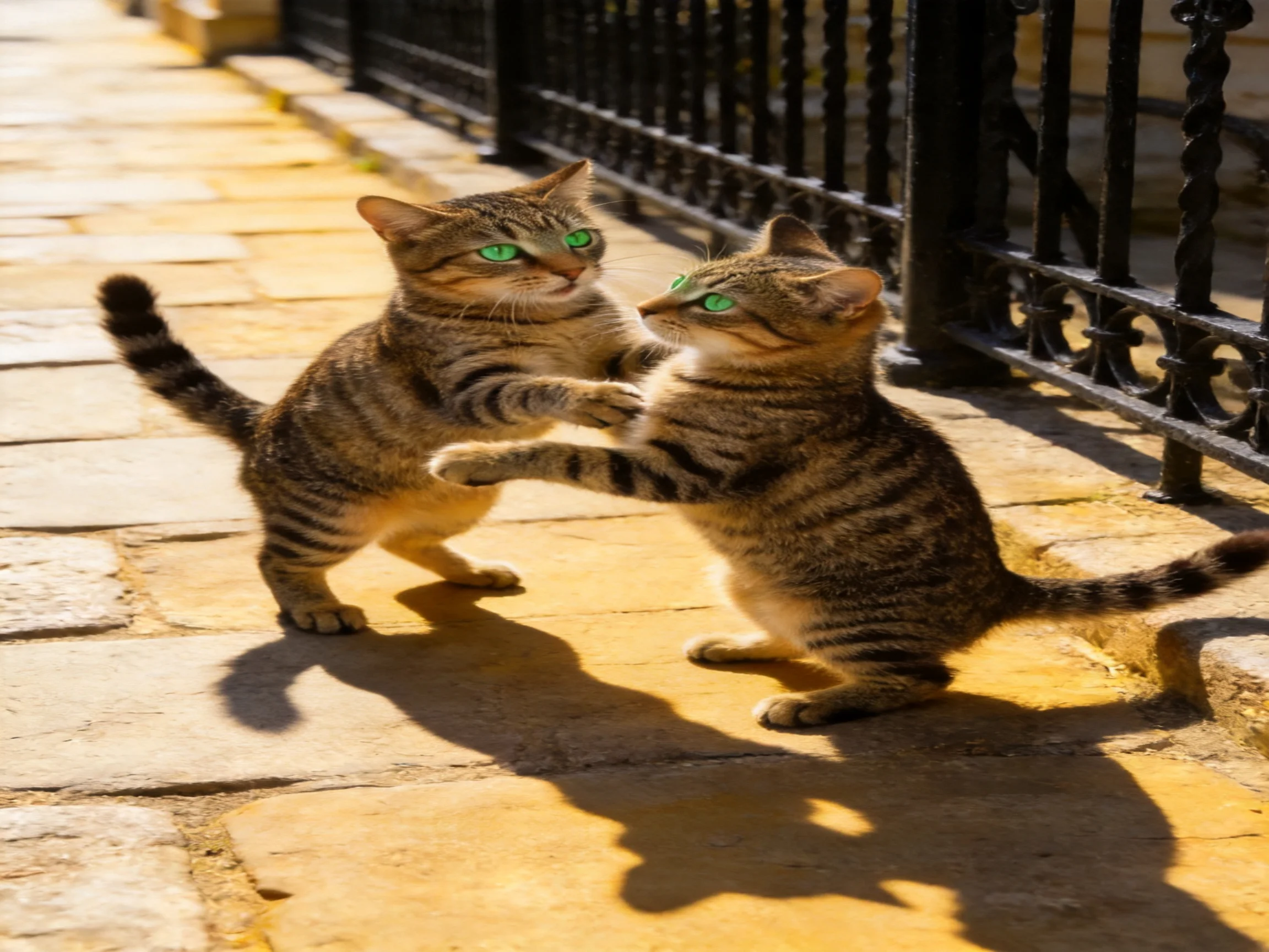Two tabby kittens with green eyes playfully interacting near a black iron fence